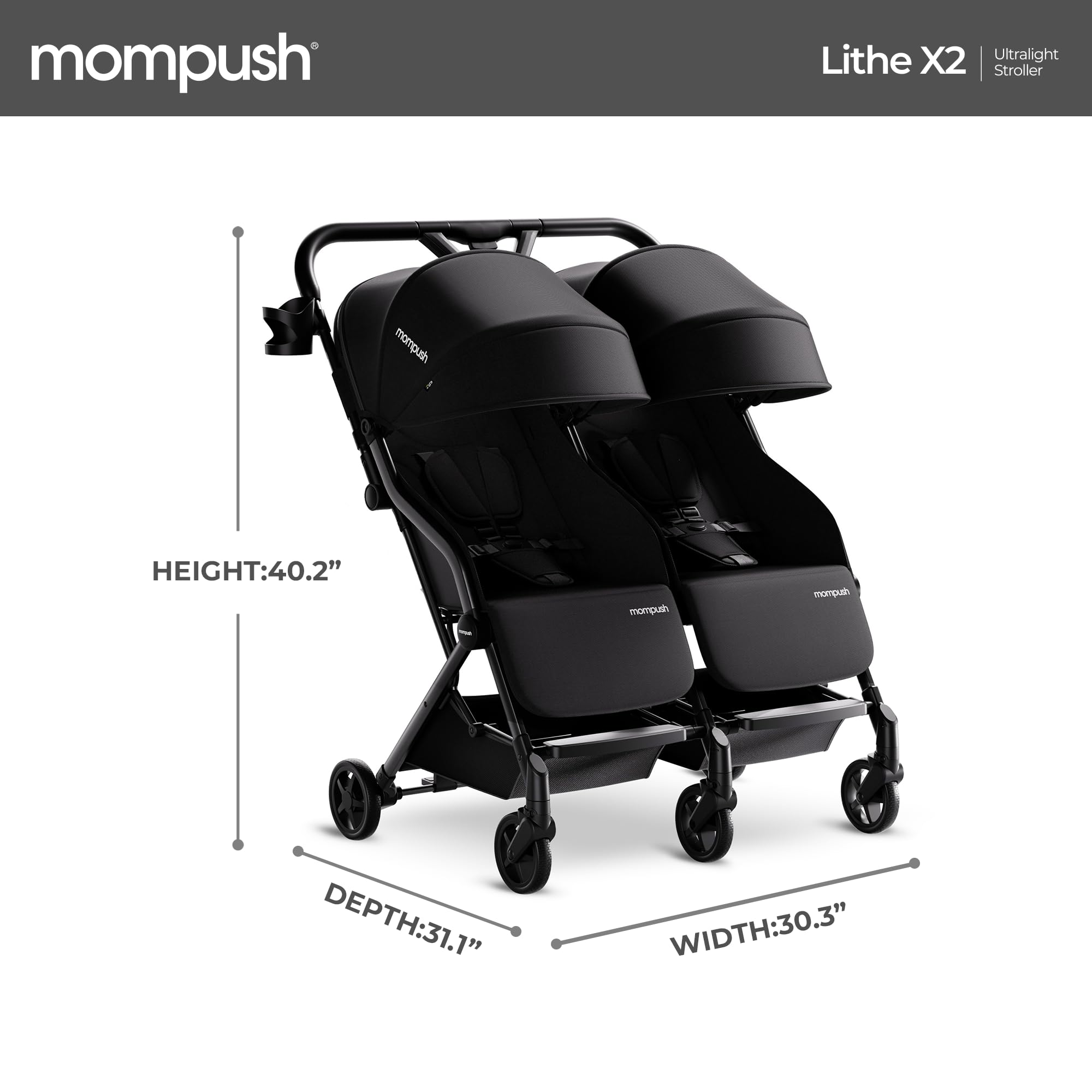 Mompush Lithe Double Ultralight Stroller - Lightweight Side by Side Baby Stroller with 2 Large Reclining Seats | Easy Fold & Compact Design | Perfect for Twins, Siblings, or Daycare Use | Ideal for Travel, Shopping & Outdoor Adventures