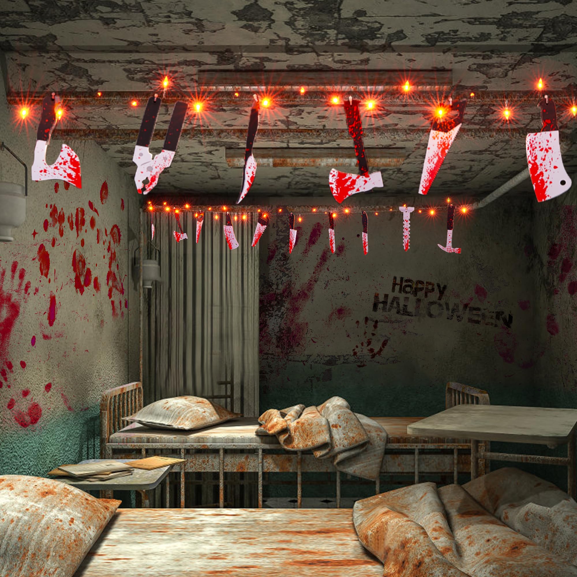 BLCtec 12FT Halloween String Lights with 16 Fake Bloody Knives & 50 LED Orange Bulbs - 8 Lighting Modes Battery Operated Scary Decor for Halloween Party, Haunted House, Yard, and Outdoor Décor