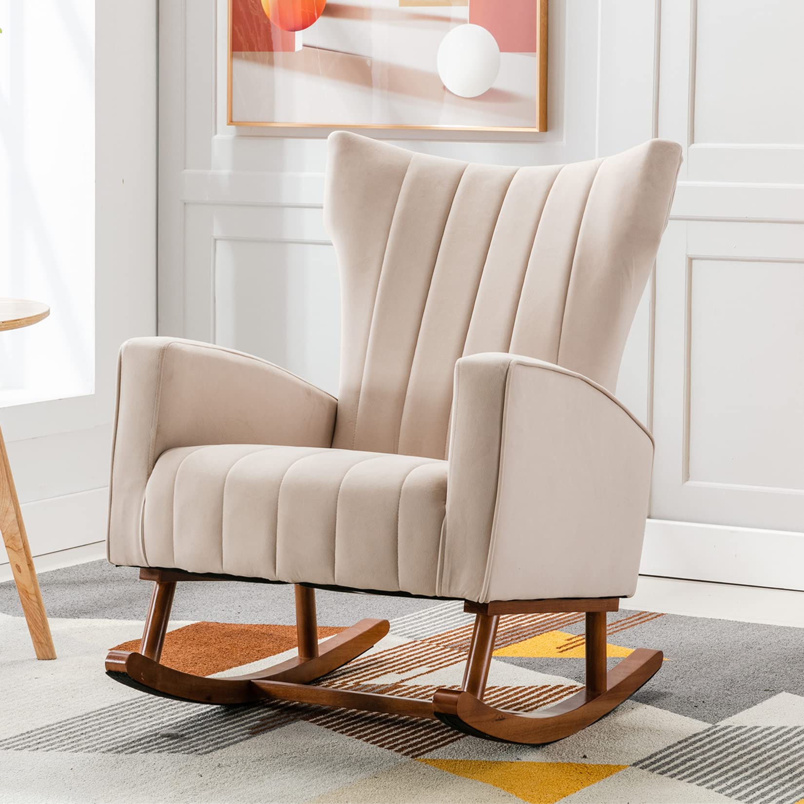 Modern Velvet Upholstered Rocking Glider Chair - Wingback Nursery Rocker & Living Room Accent Chair for Bedroom, Home Office (Beige) | Perfect for Nursing, Reading & Relaxing in Nursery, Living Space or Workspace