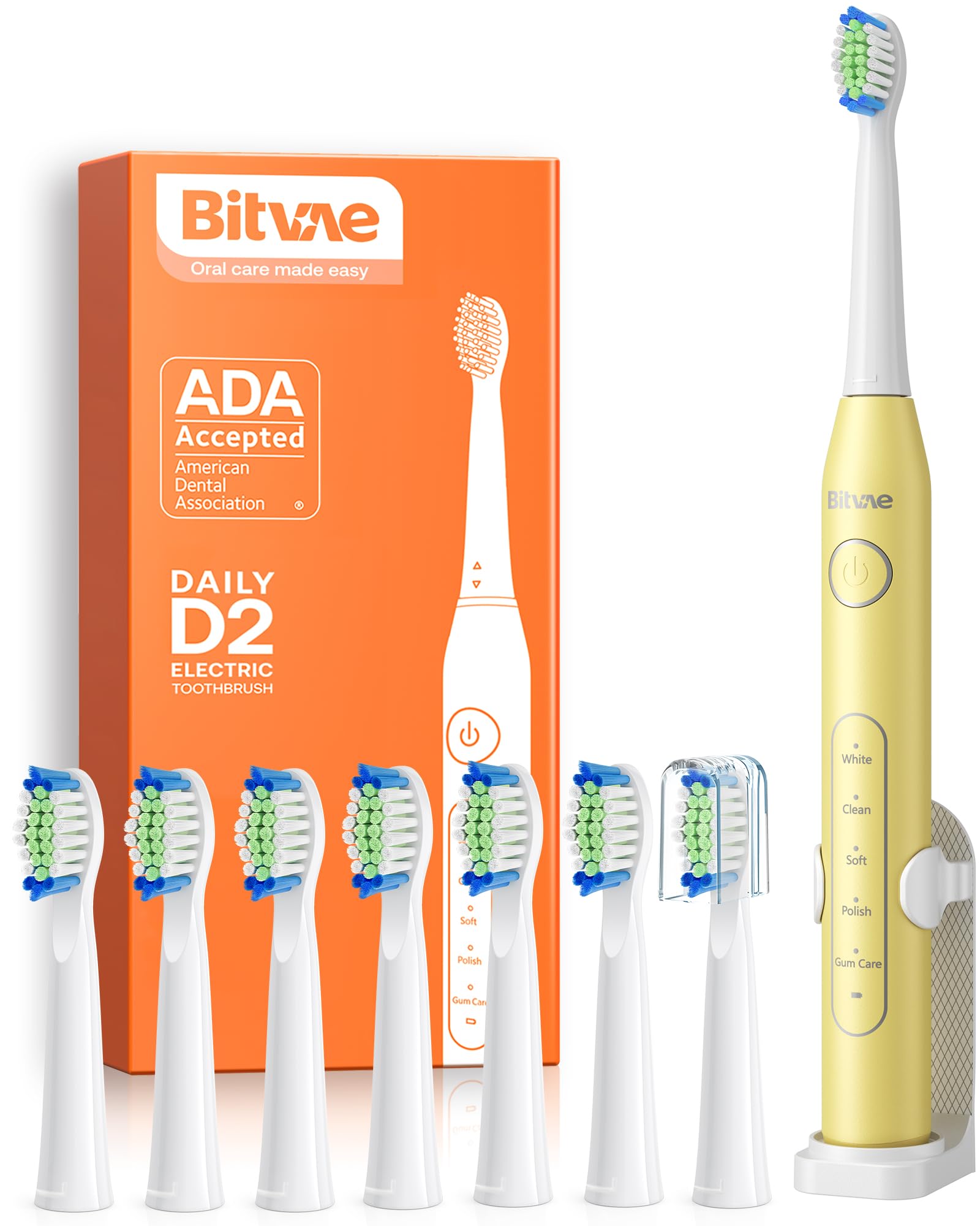 Bitvae Ultrasonic Electric Toothbrush with 8 Brush Heads - Rechargeable Power Toothbrush for Adults & Kids, 5 Cleaning Modes, Smart Timer, Holder Included (Lemon Yellow D2) - Perfect for Family Oral Care & Travel Use