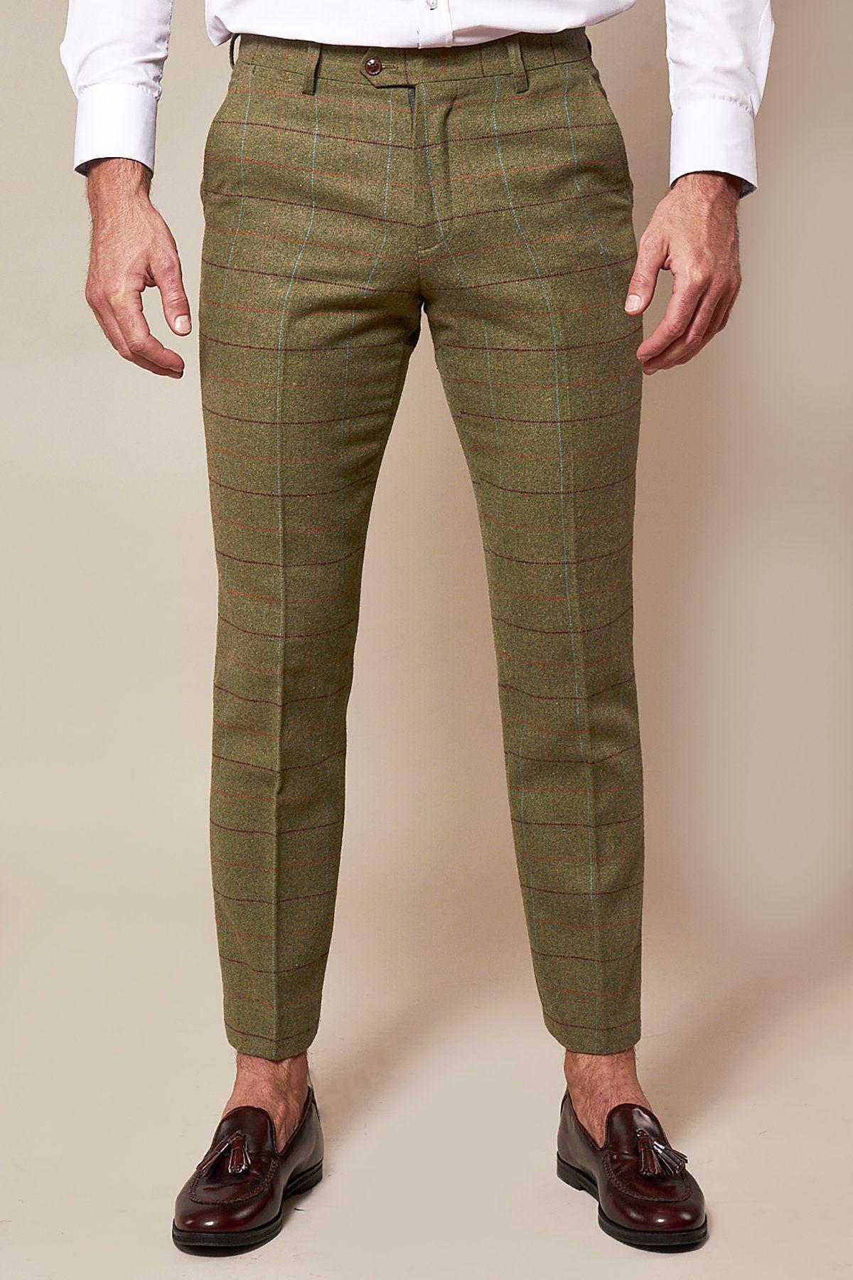 ELLIS Women's Moss Green Check Tweed Trousers - Classic High Waist Slim Fit Pants for Office Work & Autumn Winter Fashion