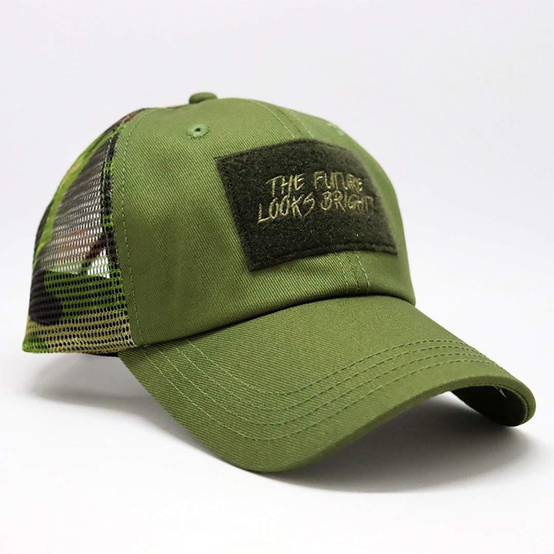 Future Looks Bright Army Green Camo Trucker Snapback Hat - Adjustable Baseball Cap for Outdoor, Casual & Streetwear Style