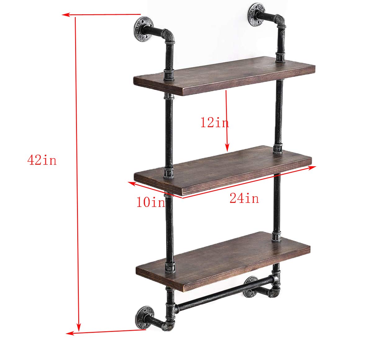 MIQ Industrial 3-Tier Rustic Wooden Pipe Shelf with Towel Bar - 24 Inch Wall Mounted Bathroom Storage Organizer for Towels, Decor & Essentials | Perfect for Farmhouse, Industrial & Modern Bathroom Designs