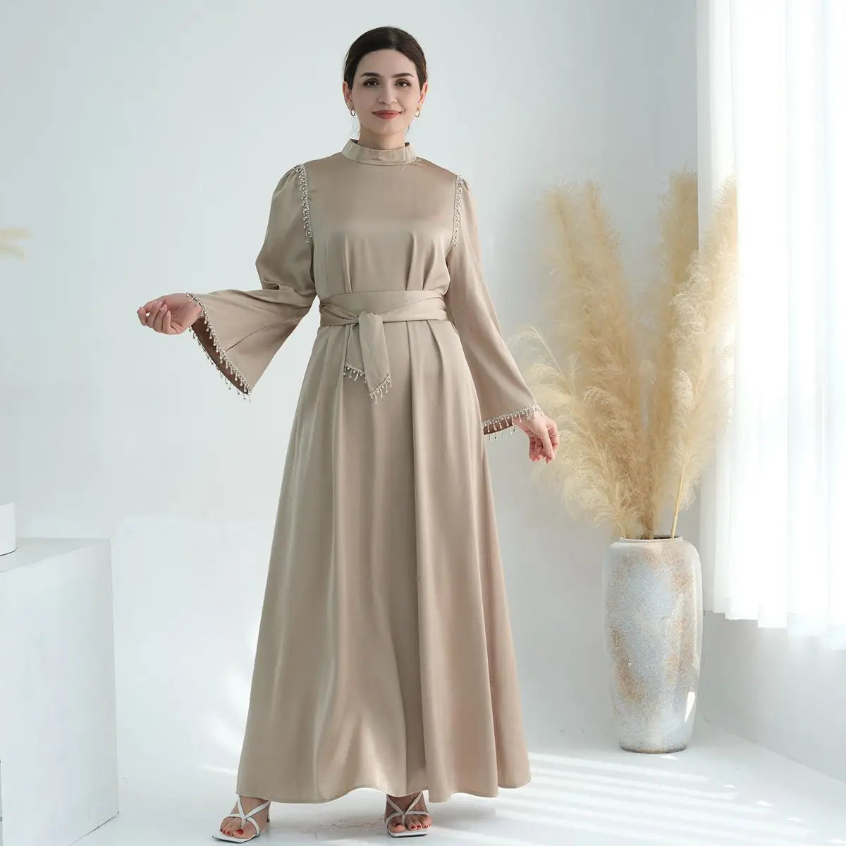 Elegant Muslim Women's Beaded Satin Abaya Dress for Prayer & Special Occasions - Modest Islamic Clothing for Women