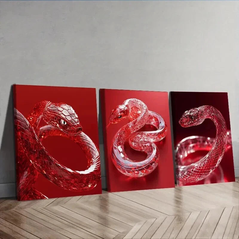 3Pcs Red Crystal Snake Wall Art Set - Framed Canvas Prints 50x70cm - High Quality Australian Made Wall Decor - Ready to Hang - Perfect for Living Room, Bedroom & Office Decor