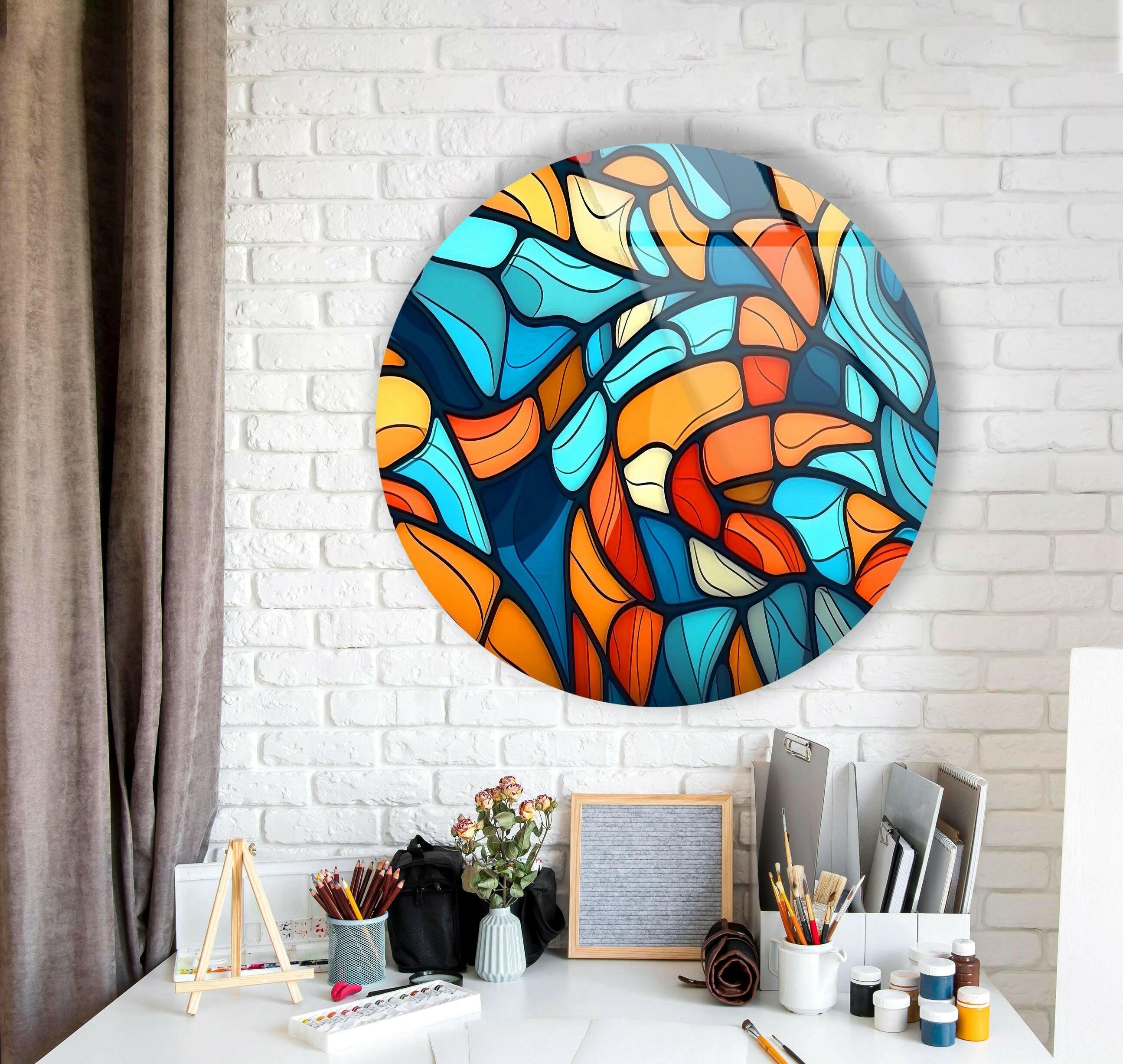Vibrant Blue & Orange Mosaic Round Glass Wall Art - Handmade Decorative Mirror for Living Room, Bedroom, or Bathroom Décor
