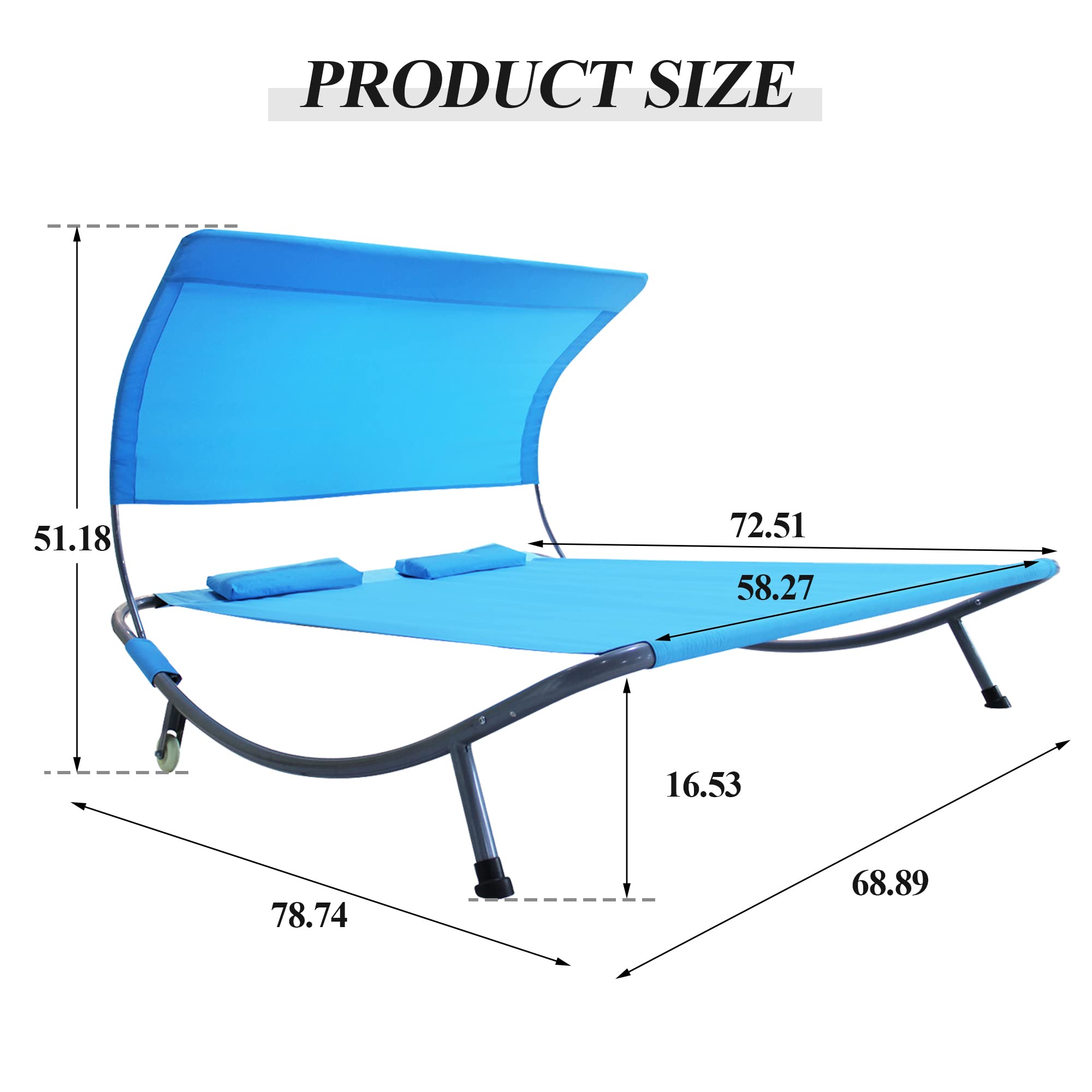 Outdoor Double Chaise Lounge Bed with Canopy & Headrest Pillow - Portable Patio Daybed with Wheels for Deck, Garden, Poolside, Sunroom & Indoor Use - Perfect for Relaxing, Sunbathing & Lounging (Blue)