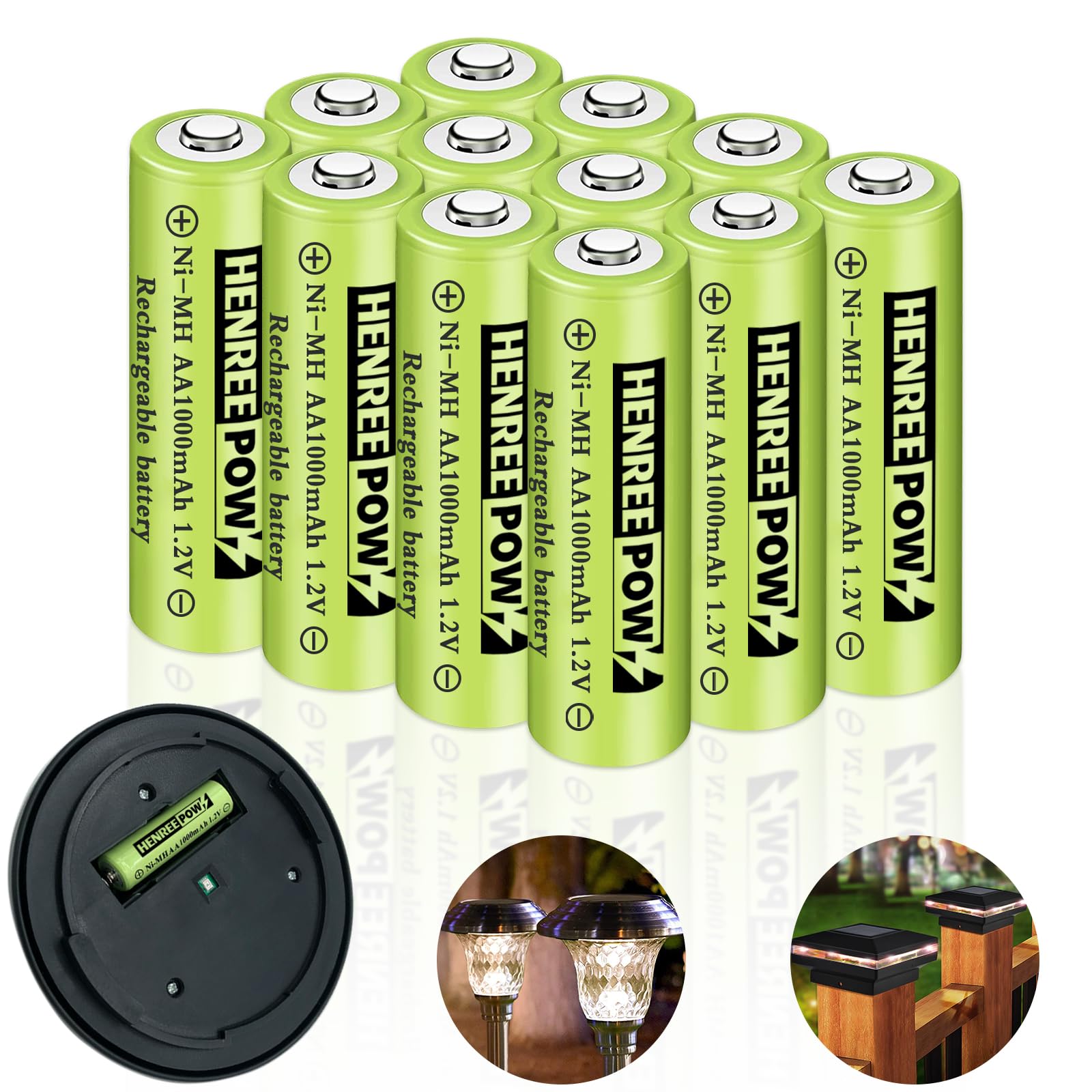 Rechargeable AA Batteries 12-Pack - 1000mAh Ni-MH Double A Solar Batteries 1.2V Pre-Charged for Outdoor Solar Lights, String Lights, Pathway Lights - Perfect for Garden, Patio, and Landscape Lighting