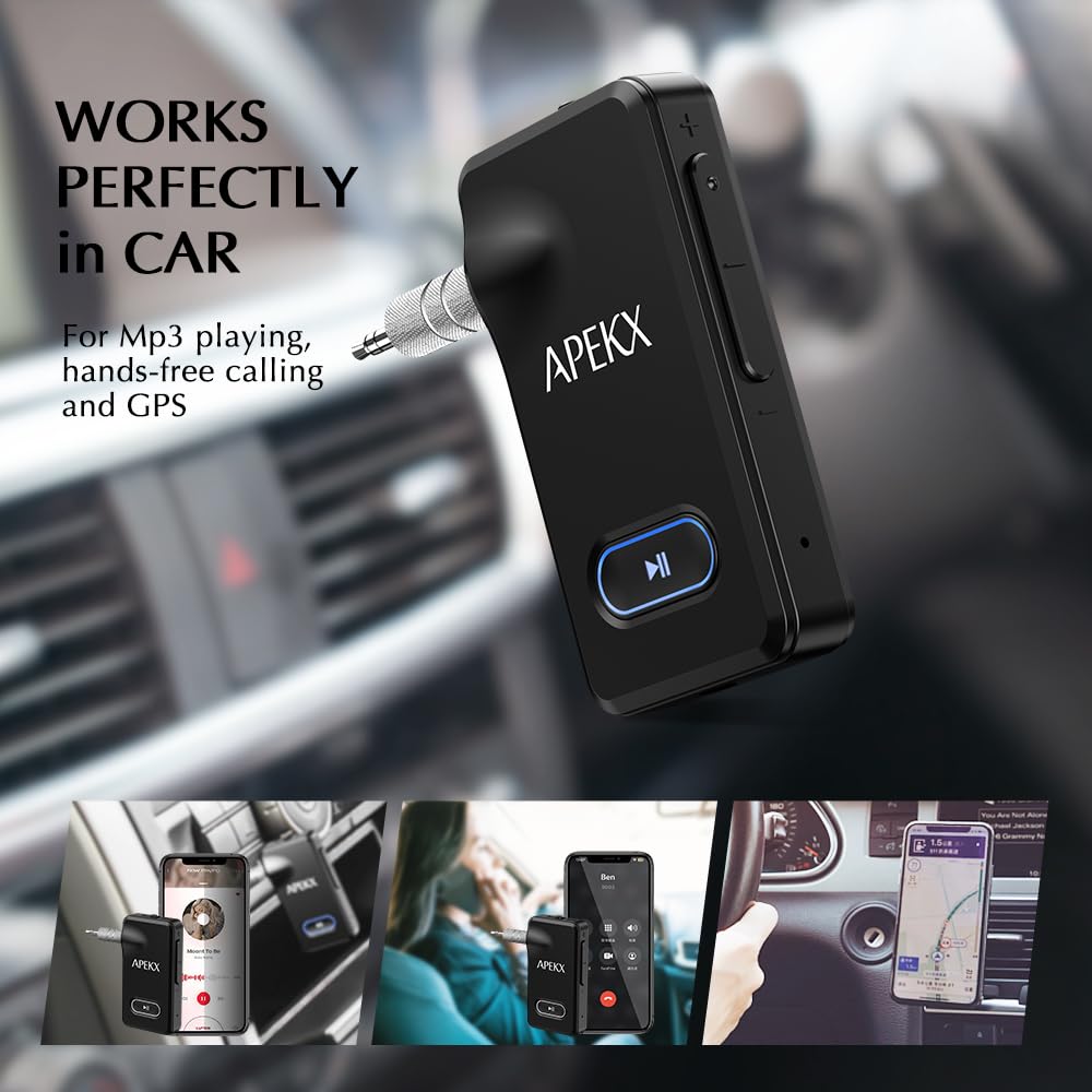 APEKX Bluetooth Car Adapter, Wireless Hi-Fi Audio Receiver with 3.5mm AUX Port & 15-Hour Battery Life for Home Stereo (Black) - Perfect for Hands-Free Music Streaming in Car, Office, or Home Audio Systems