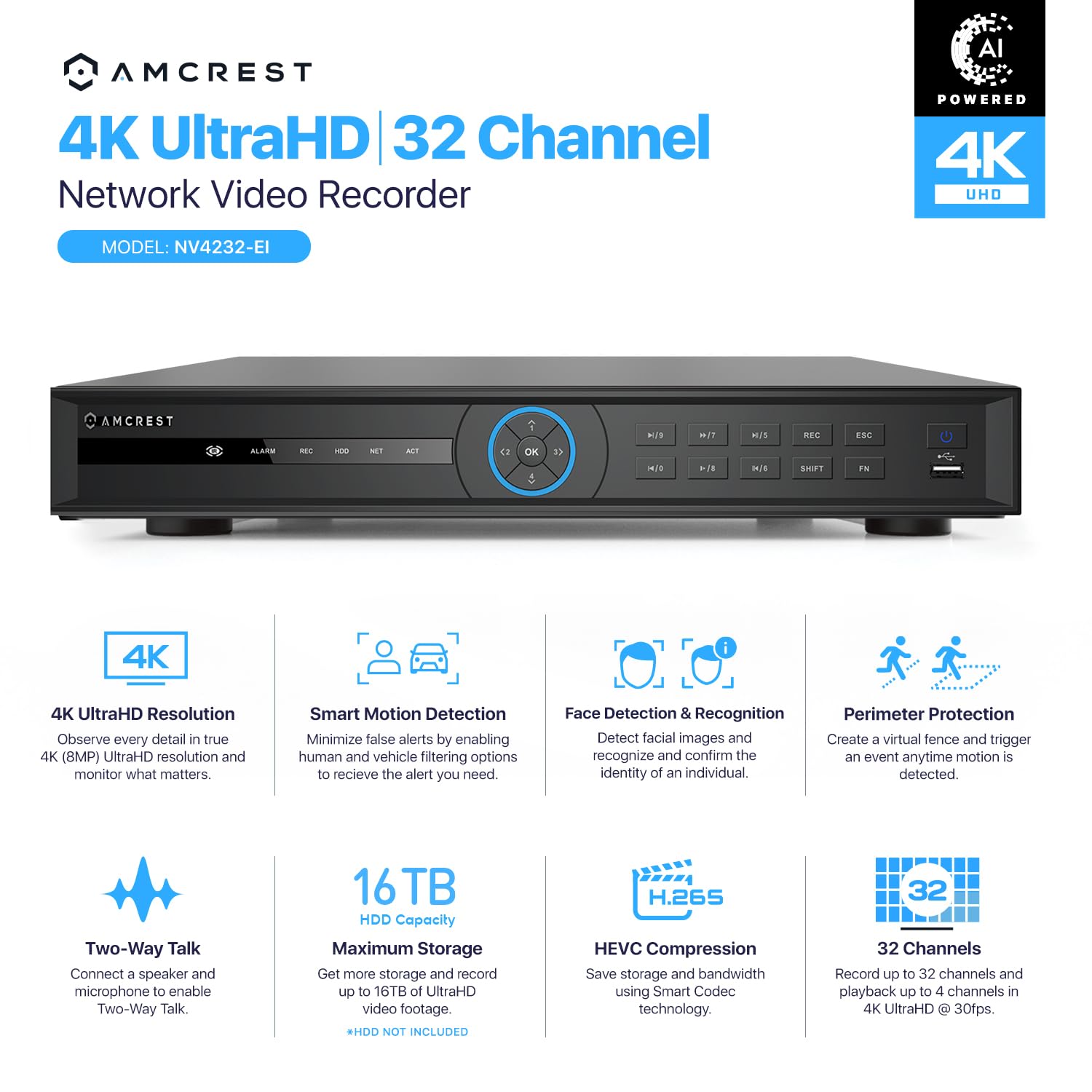 Amcrest 4K NV4232-EI 32CH AI NVR Security System with Facial & Vehicle Recognition - Supports 32 x 4K IP Cameras & 2 x 16TB HDD (HDD Not Included) - Ideal for Home & Business Surveillance