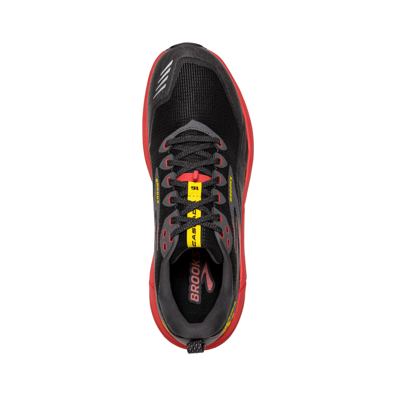 Brooks Cascadia 16 Men's Trail Running Shoes - D Width, Black/Fiery Red/Yellow - Lightweight & Durable for Hiking, Jogging & Outdoor Adventures