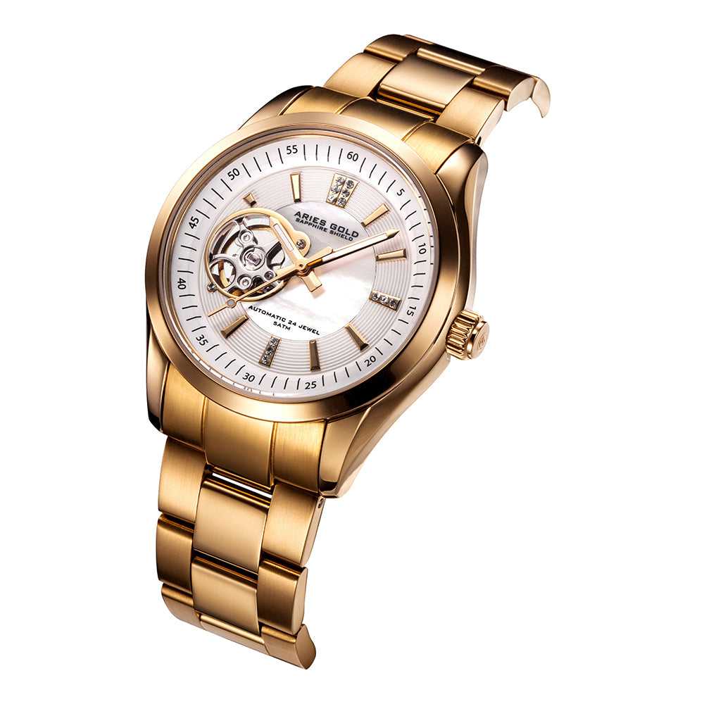 ARIES GOLD Automatic Inspira Gold Stainless Steel Women's Watch with White Mother-of-Pearl Dial - Elegant Dress Watch for Business, Parties & Special Occasions