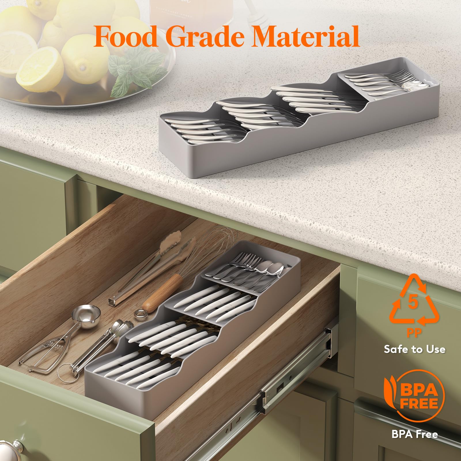 Lifewit Cutlery Drawer Organizer - Small Plastic Kitchen Utensil Tray for Spoons, Forks & Knives - Grey Flatware Storage Solution | Perfect for Kitchen Drawer Organization & Silverware Storage