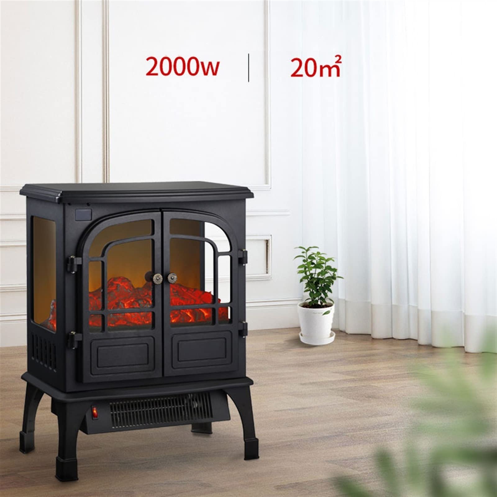 Realistic LED Electric Fireplace Heater with Logs - 2000W, Low Noise, Overheating Protection, 12H Timer, 2 Heat Settings - Perfect for Living Room, Bedroom & Office Decoration (Black)