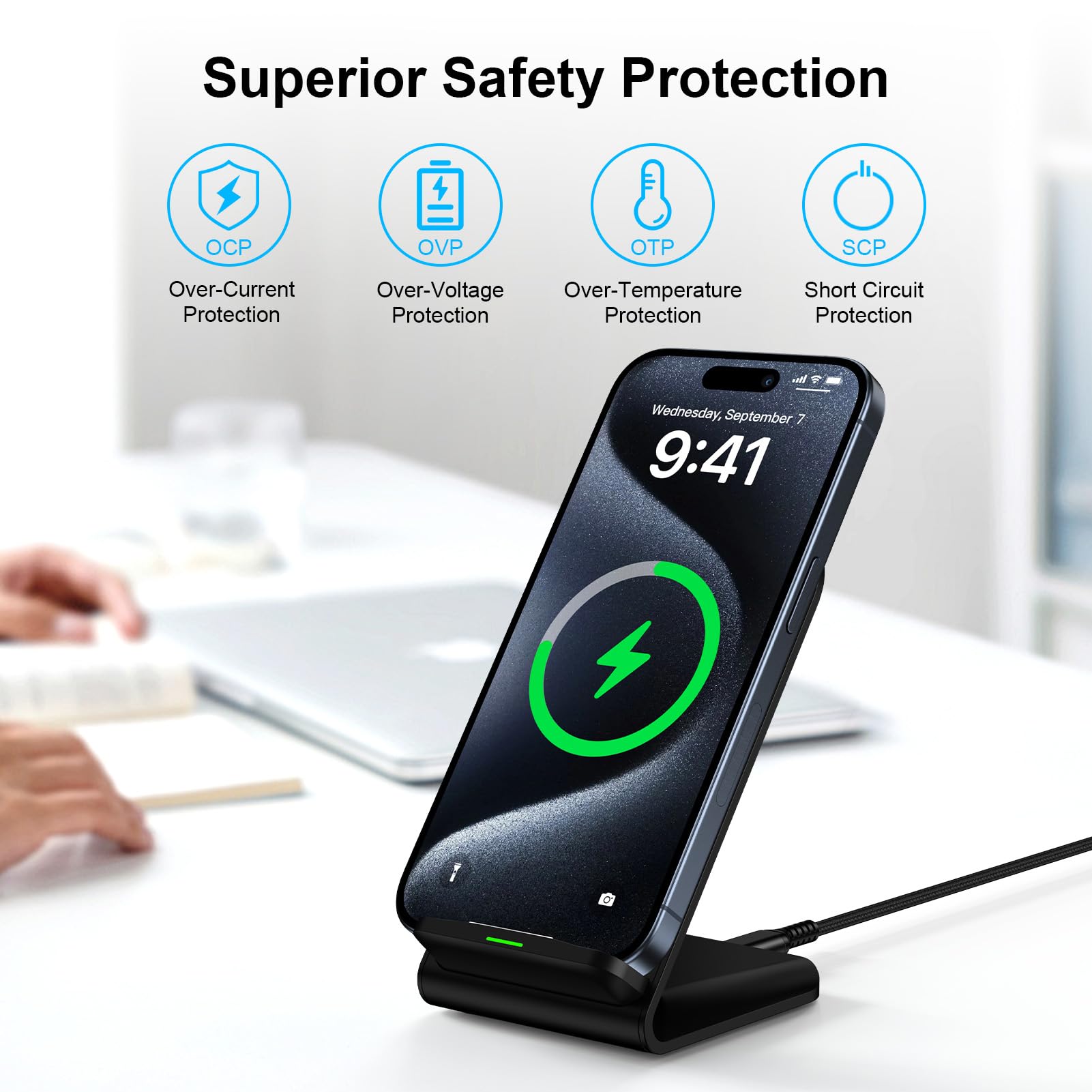 Samsung Wireless Charger Stand - Fast Charging Pad for Samsung Galaxy S24 Ultra/S24+/S24/S23 FE/S22/S21/S20/S10/S9/S8 & iPhone 15 Pro Max/15 Plus/14 - Desktop Charging Station with Adapter | Perfect for Home, Office & Nightstand Use