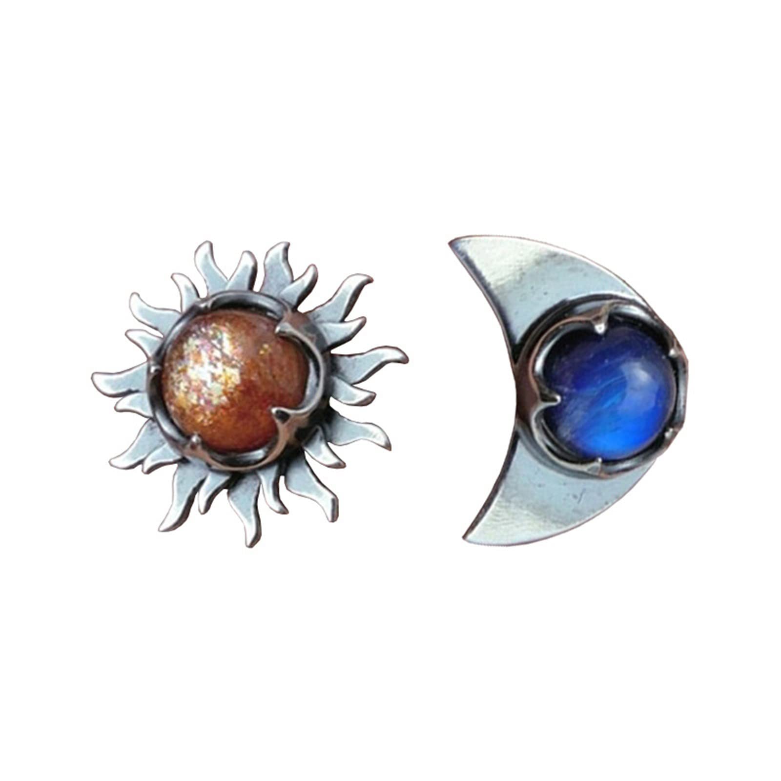 Simia Sun and Moon Earrings for Women – Vintage European & American Style Moonstone Jewelry – Silver Star and Crescent Dangle Earrings – Perfect for Boho, Festival, and Everyday Wear