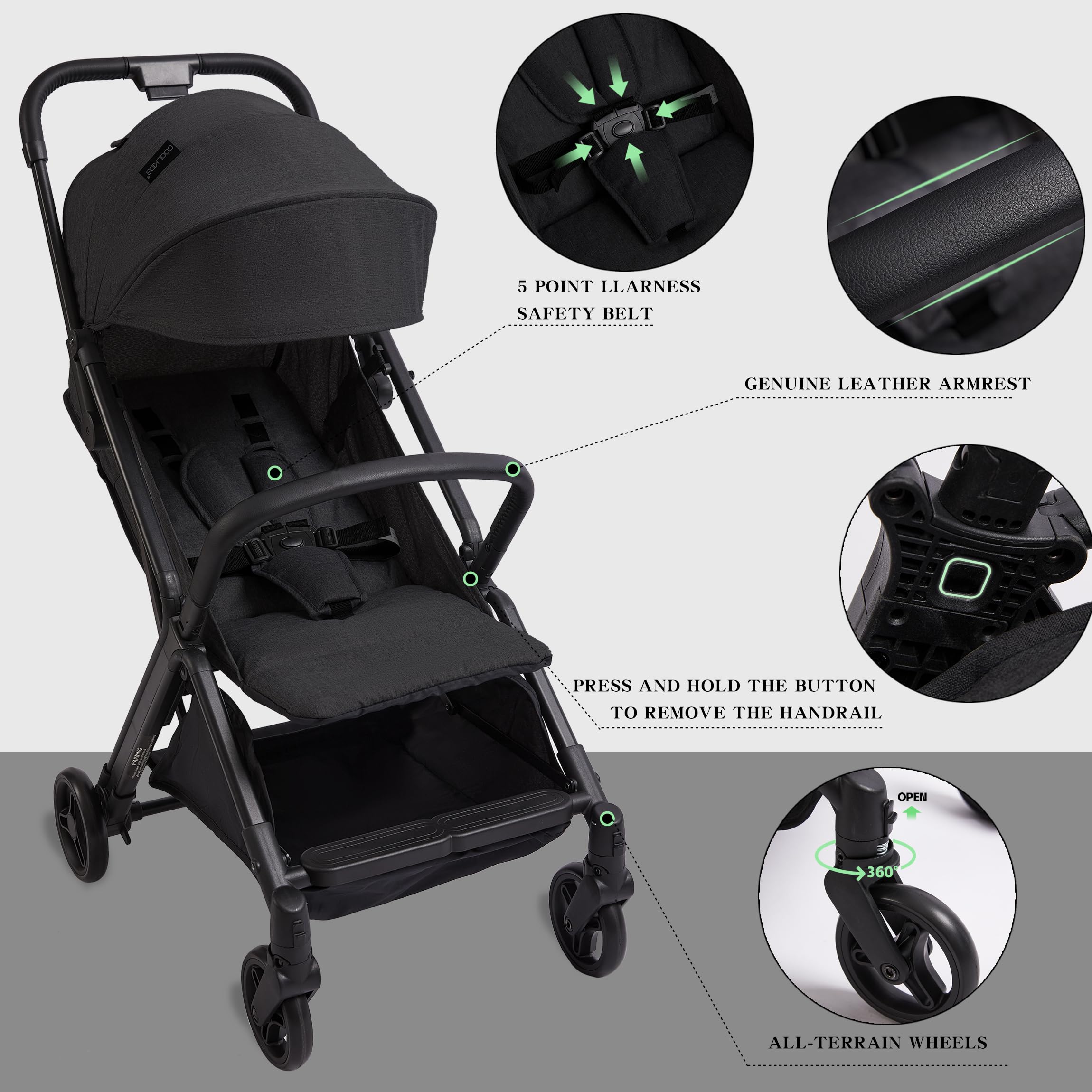 COOL KIDS Lightweight Travel Stroller - Automatic Fold Umbrella Stroller with Adjustable Sun Canopy | Compact Baby Stroller for Airplane Travel, Shopping & Daily Use (Black)