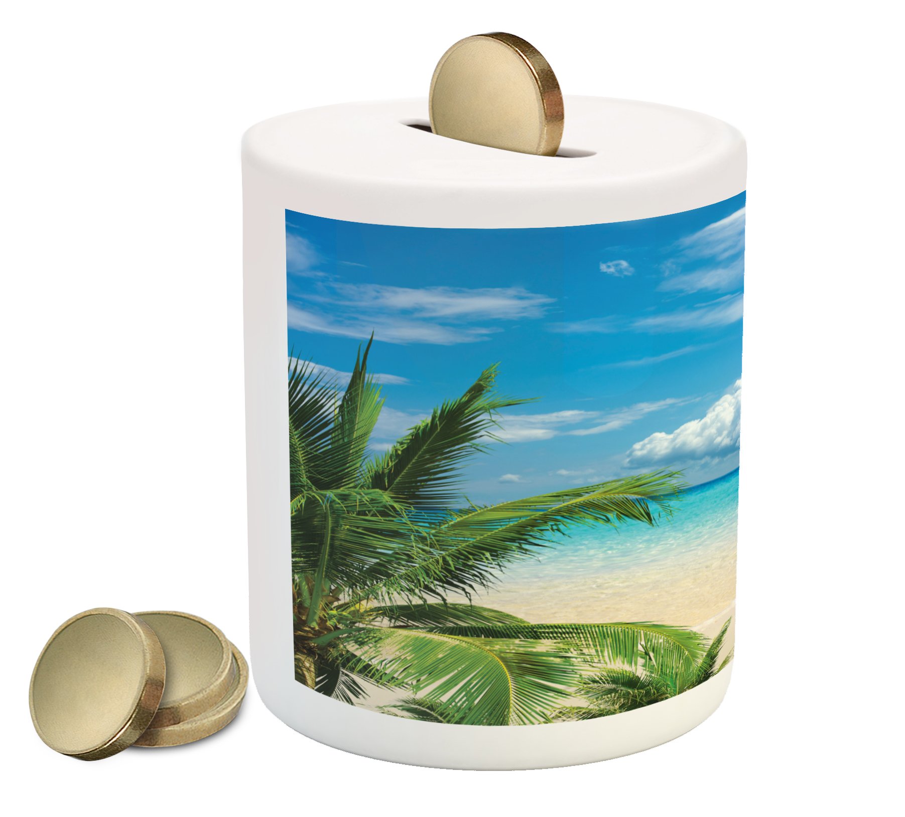 Lunarable Tropical Piggy Bank - Ceramic Coin Bank for Cash Saving, Beach & Island Themed Money Box in Green, Pale Blue & Ivory | Perfect for Home Decor, Gift Giving & Travel Souvenirs