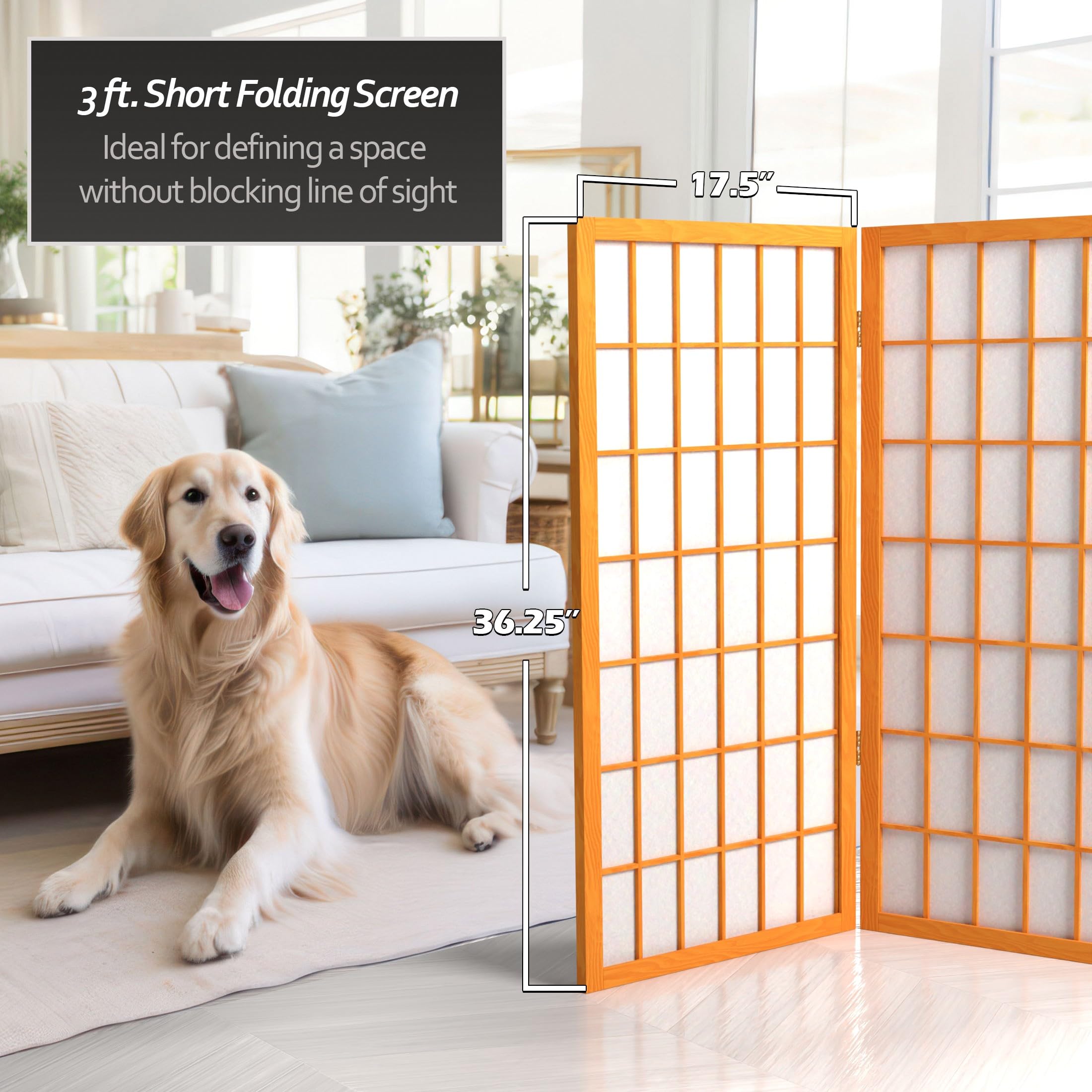 3 ft. Short Honey-Colored Shoji Screen with 5 Panels - Japanese Room Divider for Home Office, Bedroom, or Meditation Space