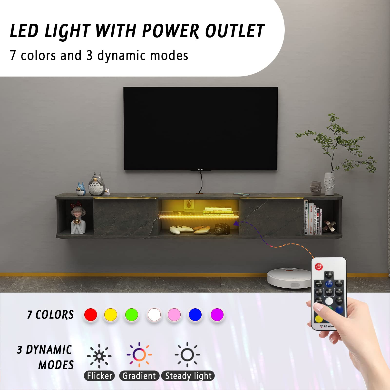 PMNIANHUA 80 Inch Floating TV Stand with LED Lights - Wall Mounted TV Console with 2 Drawers, 78