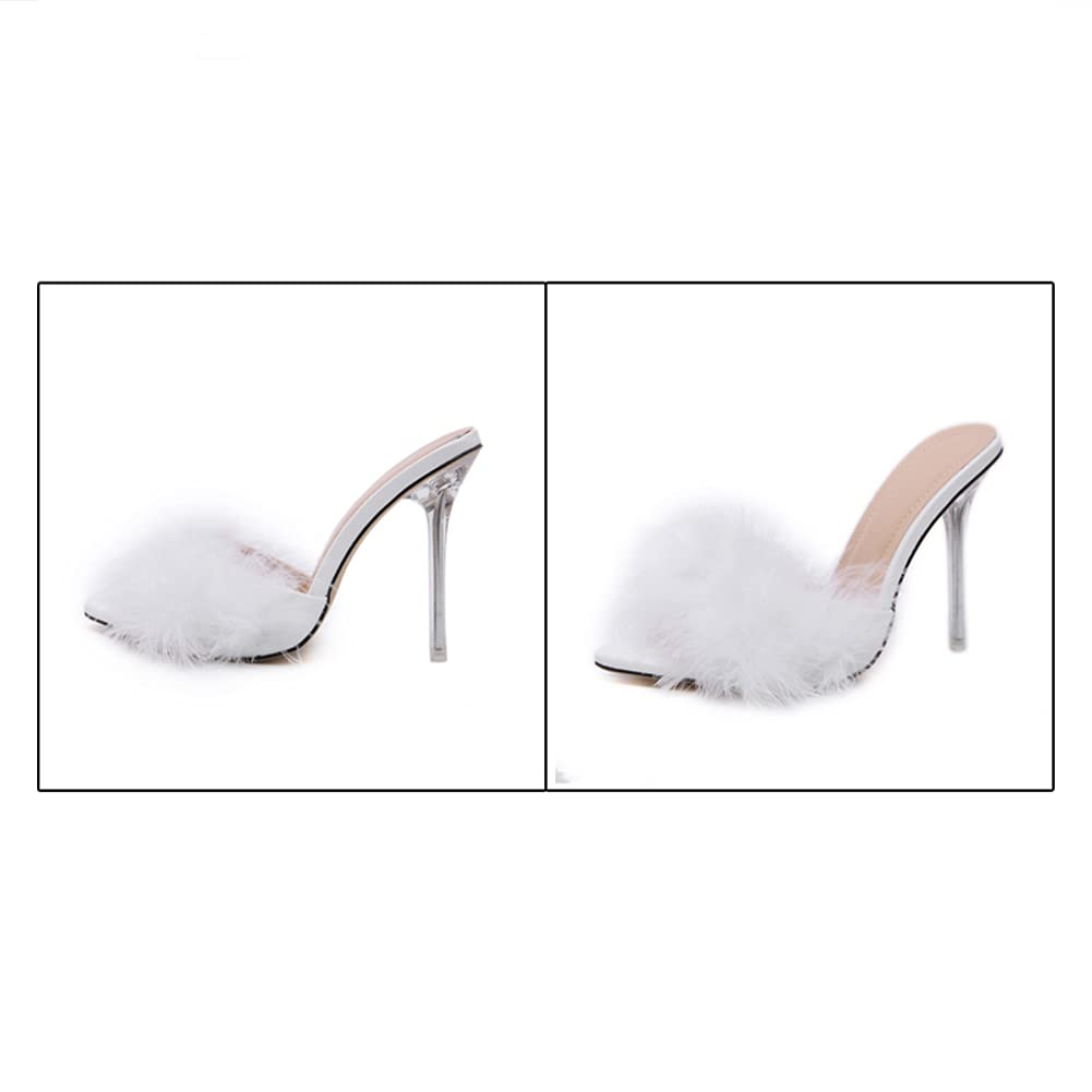 YIBLBOX Women's Fluffy Feather Open-Toe Slide Sandals - Comfortable Stiletto Slippers for Home, Lounge & Indoor Use