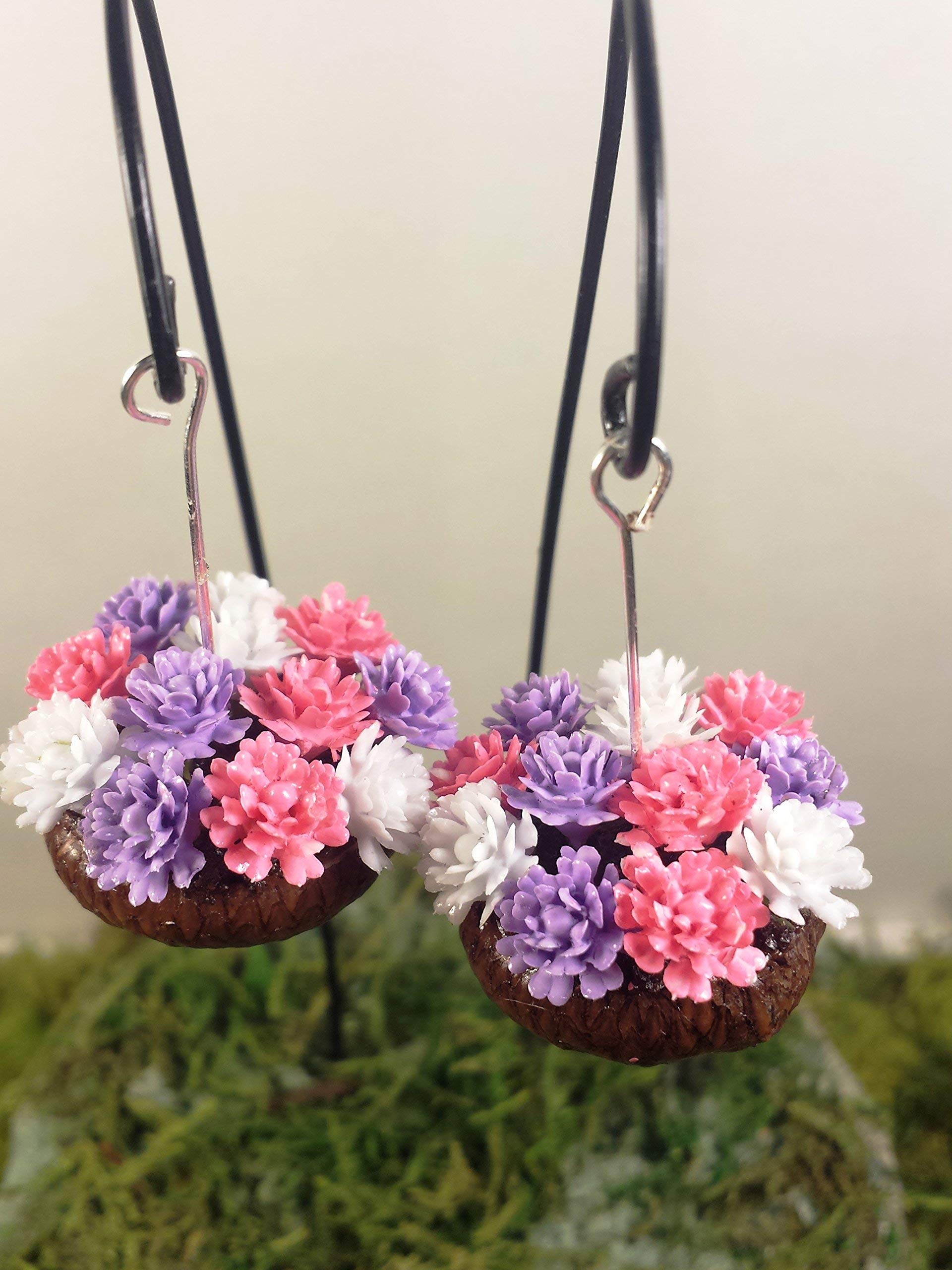 Mini Fairy Garden Acorn Planters with Pink, Purple & White Flowers - Set of 2 for Home Decor, Wedding Centerpieces & DIY Terrariums