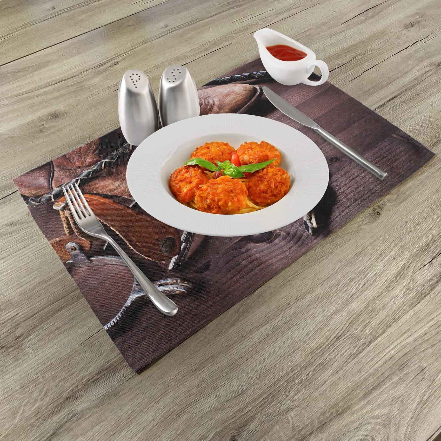 Ambesonne Western Placemats Set of 4 - Rustic Leather Boots & Spurs Rodeo Decor, Washable Fabric Table Mats for Dining Room & Kitchen, Brown (USA Style) - Perfect for Cowboy Theme Parties, Western Home Decor, and Ranch Style Dining