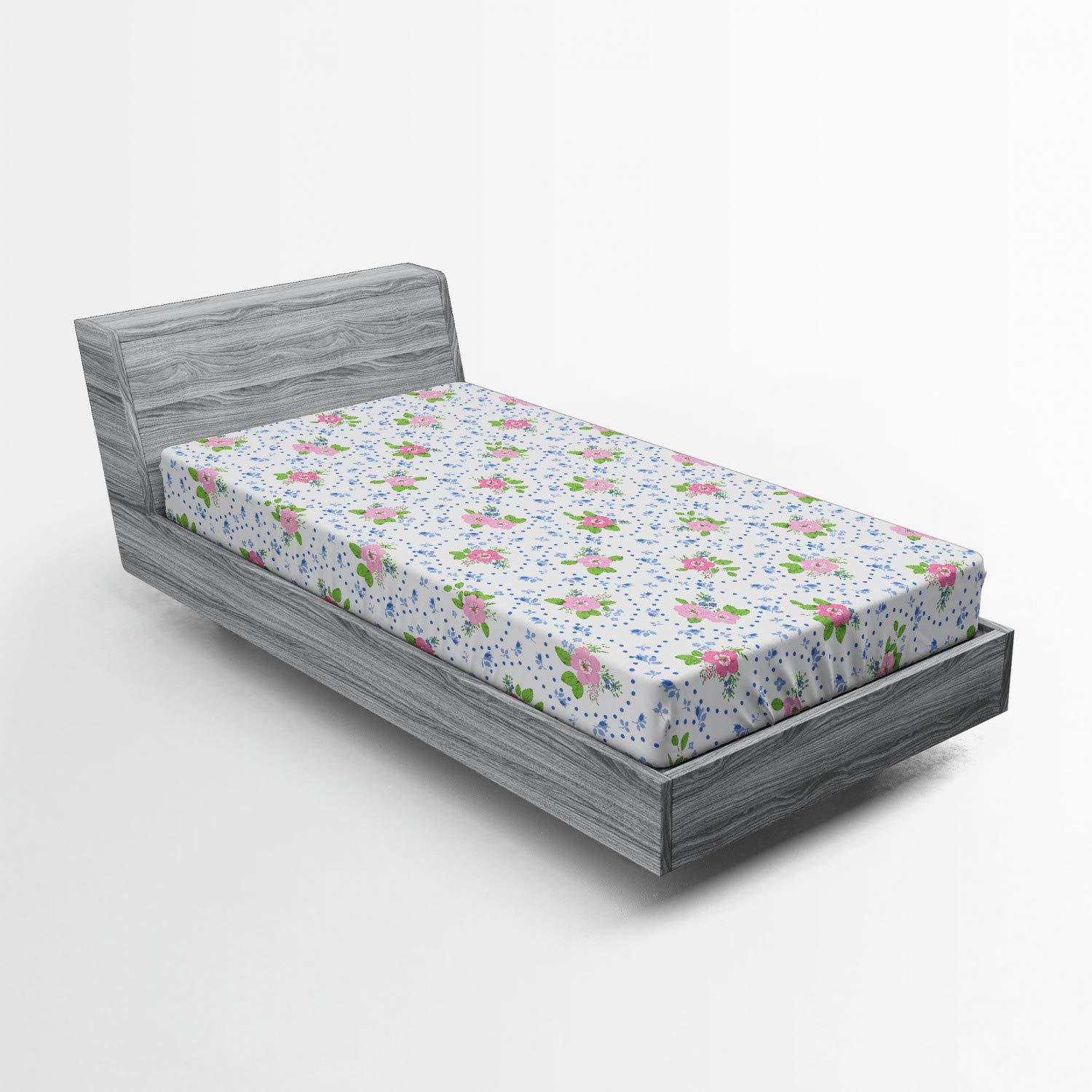 Ambesonne Shabby Floral Fitted Sheet - Classic Peony Flowers with Circular Bouquets Design, Deep Pocket Elastic Bed Cover for Twin Size Bed, Pink and Blue - Perfect for Guest Rooms, Kids' Bedrooms & Cozy Home Decor