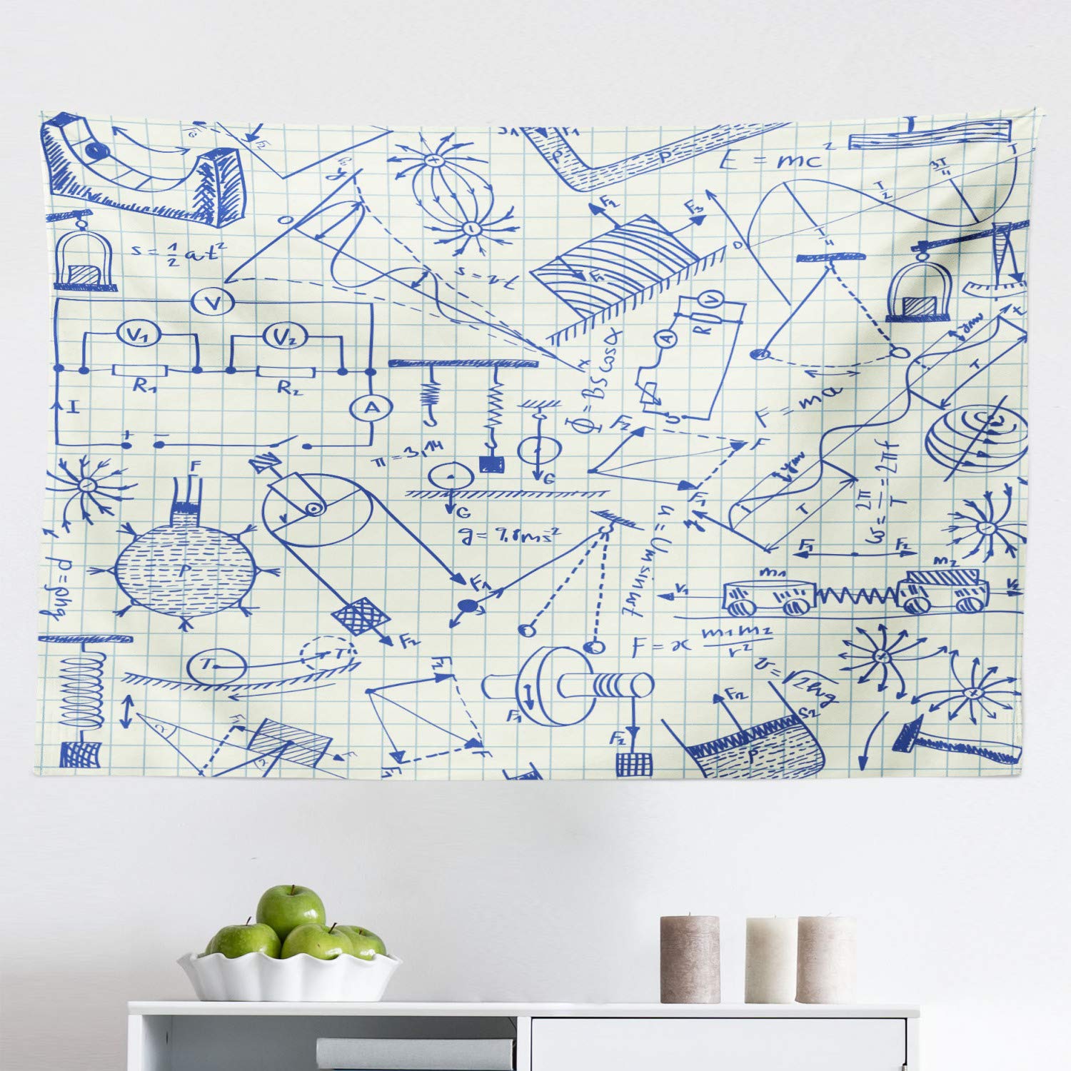 Ambesonne Physics Tapestry - Technical Formula & Drawings on Grid Paper Design, Ivory Indigo Fabric Wall Art (45x30 inches) for Bedroom, Living Room, Dorm Decor | Perfect for Science Lovers & Classroom Inspiration