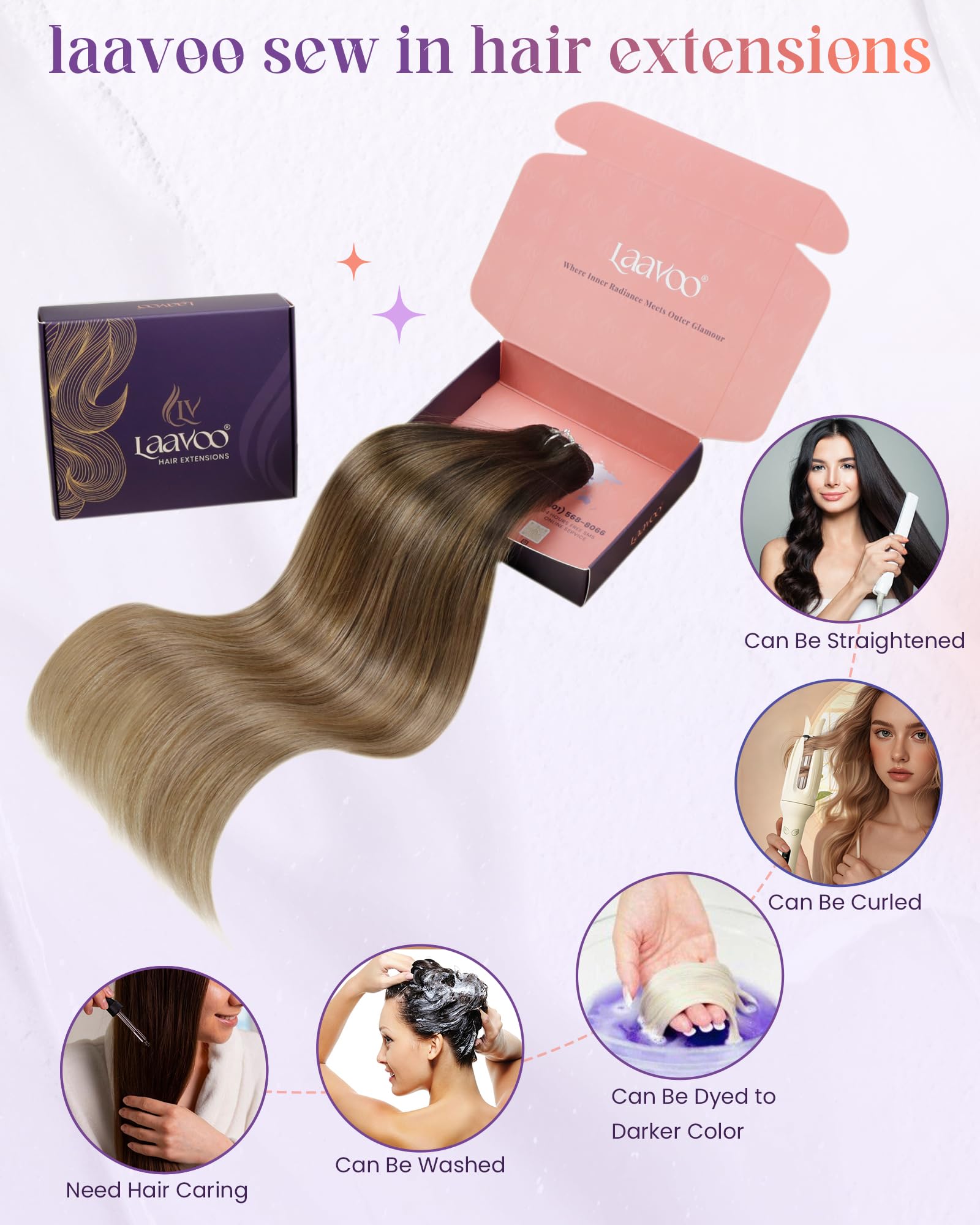 LaaVoo 100% Real Human Hair Weft Extensions - 20 Inch Long, Brown to Ash Blonde Balayage Ombre - 100g Sew-In Hair Extensions for Volume & Length | Perfect for Weddings, Parties & Daily Styling