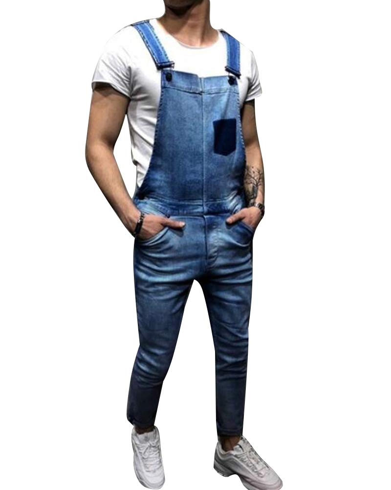 AnyuA Men's Slim Fit Pale Wash Denim Overalls - Stylish Slim Leg Dungarees for Casual Wear, Work & Outdoor Activities