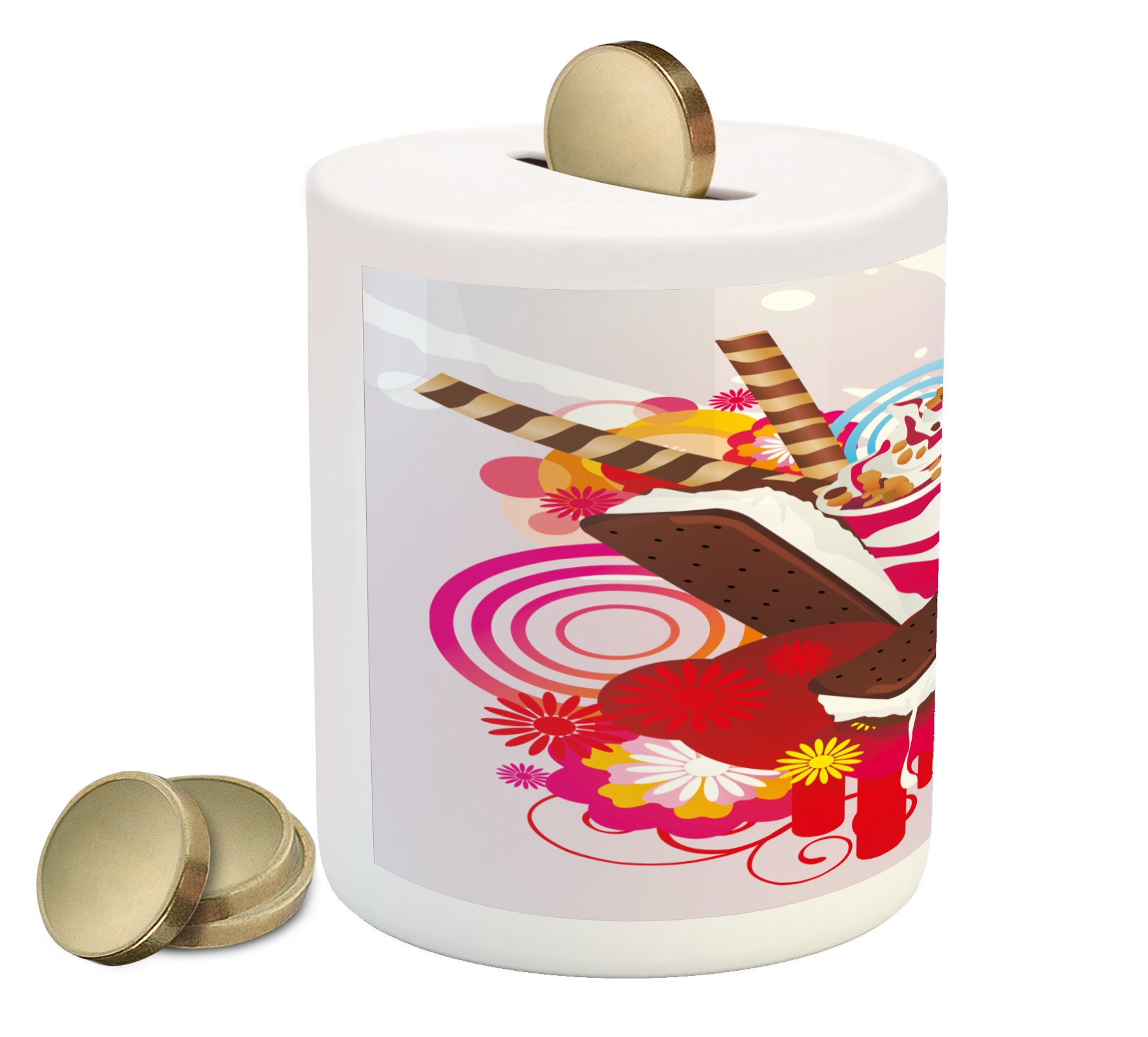 Ambesonne Ceramic Piggy Bank - Ice Cream & Tropical Dessert Design with Exotic Flowers, Colorful Money Saving Box for Kids & Adults | Perfect for Birthday Gifts, Room Decor, and Coin Collection