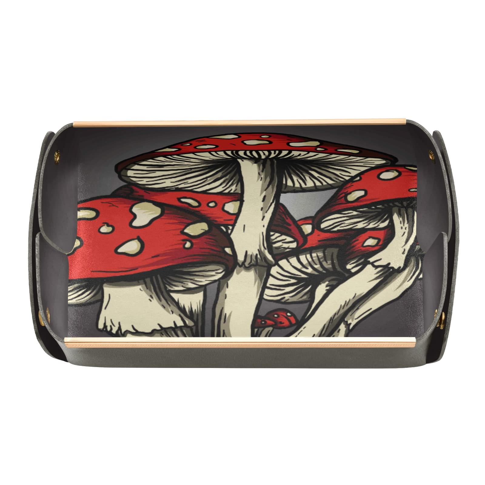Hand-Painted Leather Valet Tray - Mushroom Design Jewelry Organizer & Catchall Tray for Keys, Coins, Watches | Multi-Purpose Entryway, Bedside, and Vanity Storage Solution for Home Decor