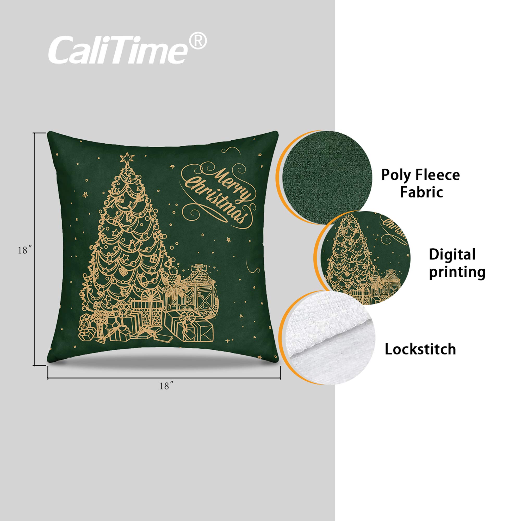 CaliTime 18x18 Inch Christmas Tree Print Fleece Throw Pillow Covers Pack of 2 - Soft Cozy Decorative Cushion Covers for Sofa, Couch, Bedroom - Perfect Holiday Home Decor Gift (Green)
