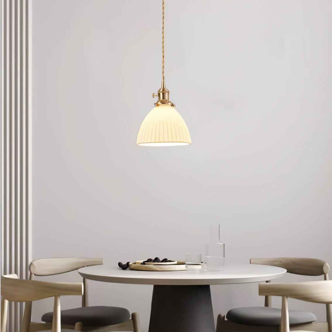 Elegant Brass Pleated Ceramic Pendant Lamp - Vintage Industrial Ceiling Light Fixture for Dining Room, Kitchen Island & Bedroom Lighting