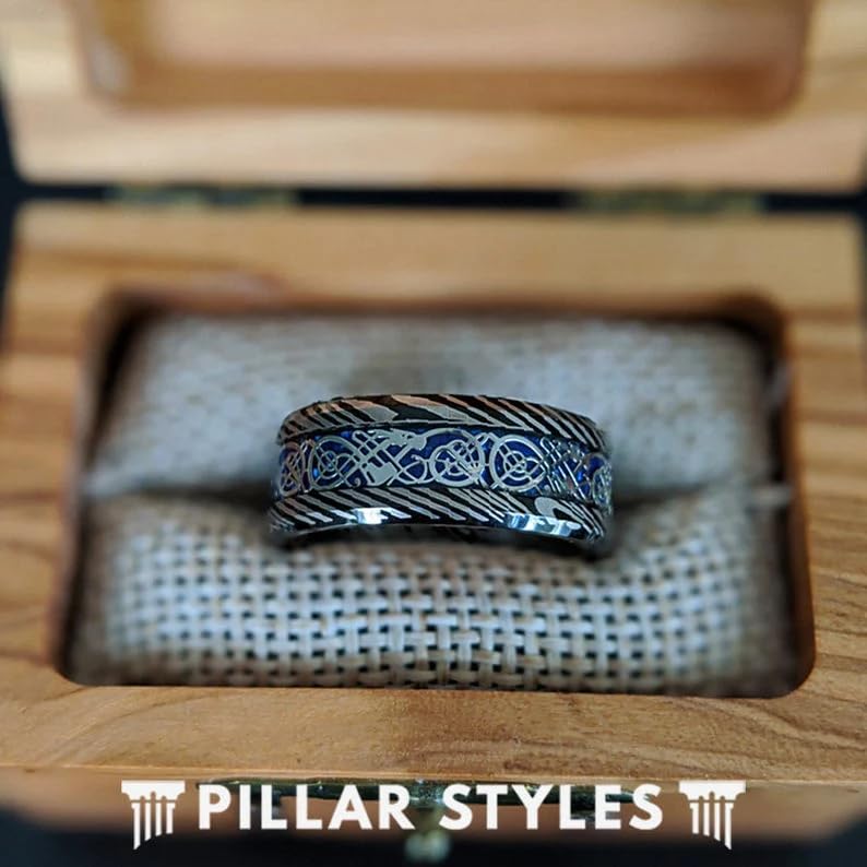 Black Damascus Steel Men's Wedding Band with Blue Carbon Fiber Inlay - 8mm Tungsten Celtic Viking Ring - Durable & Unique Silver Mens Jewelry - Perfect Anniversary Gift for Him - Great for Weddings, Engagements & Special Occasions
