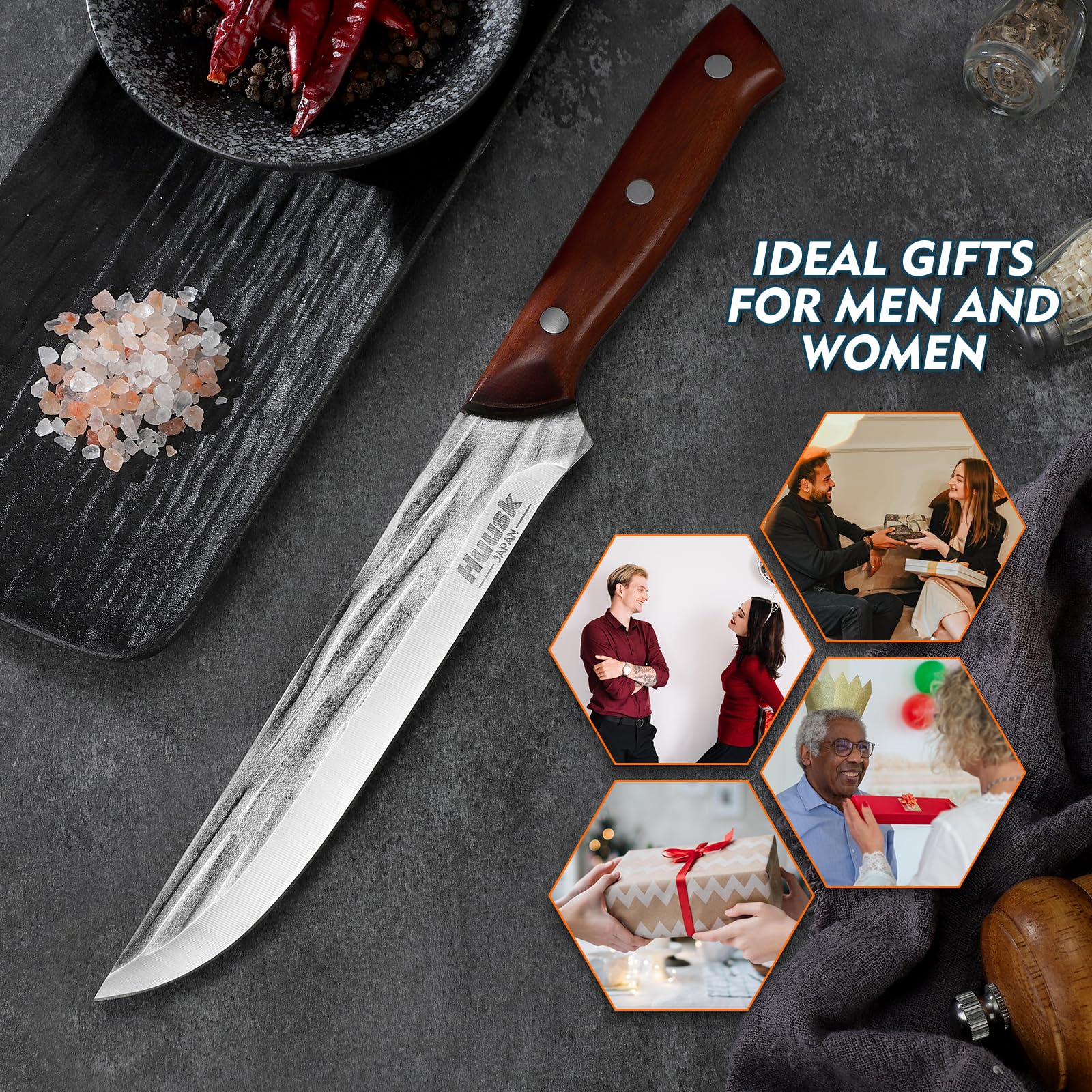 Premium Japanese Huusk 7-Inch Fillet Knife - High Carbon Steel Hand-Forged Boning Knife with Sheath | Professional Meat Cutting, Kitchen Cooking & Camping BBQ Tool | Ideal for Chefs, Home Cooks & Outdoor Enthusiasts | Perfect Father's Day Gift for Grilling & Food Preparation