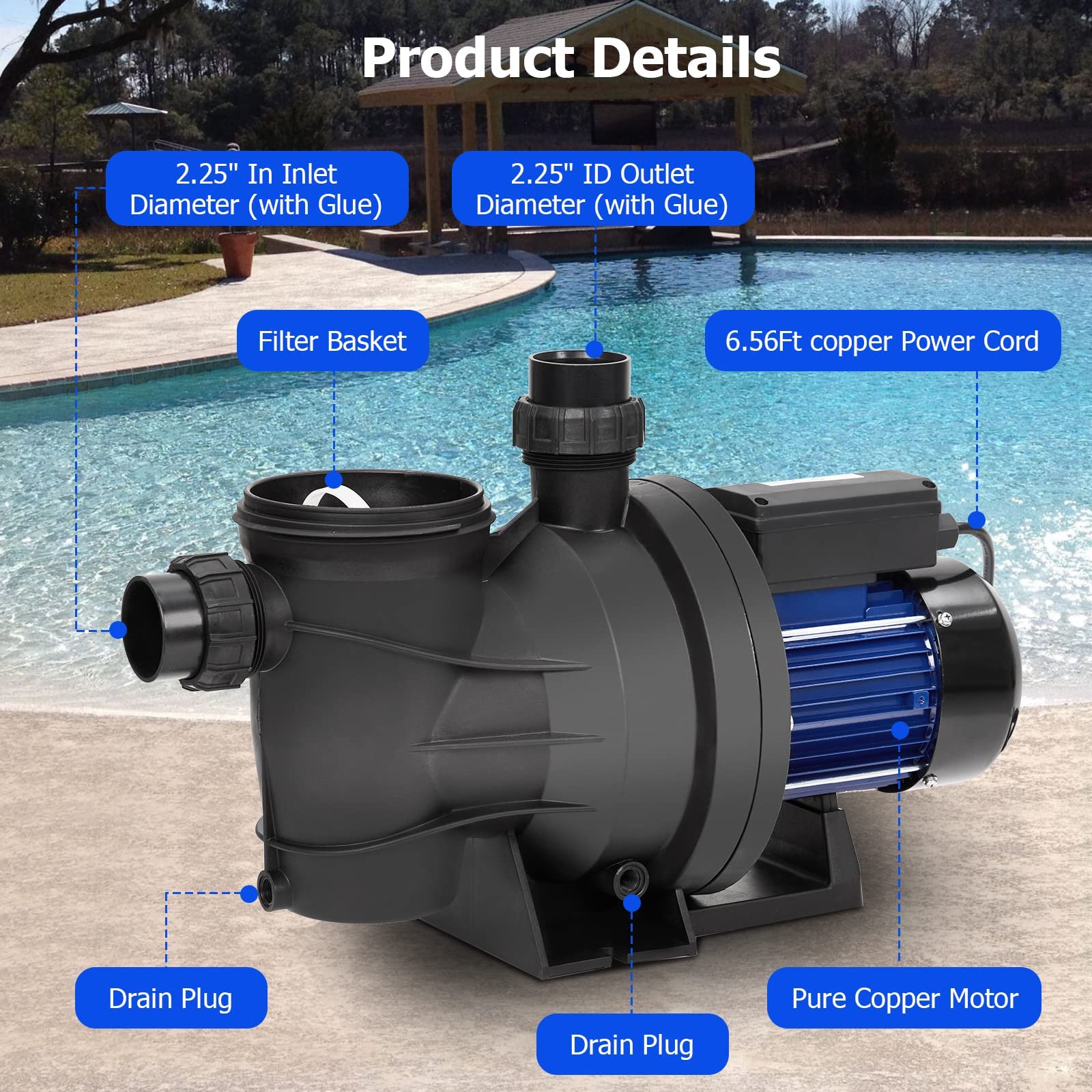 1.6HP In-Ground & Above-Ground Single Speed Pool Pump - 1200W/115V, 6075GPH High Flow Swimming Pool Pump with Filter Basket | Powerful Self-Priming, Low Noise | Ideal for Residential Pools, Spas, and Water Features
