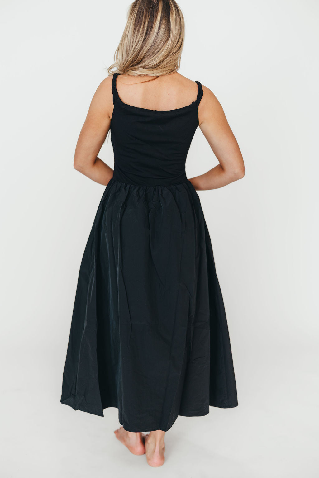 Elegant Bethany Off Shoulder Midi Dress in Black - Perfect for Date Night, Cocktail Parties & Summer Weddings