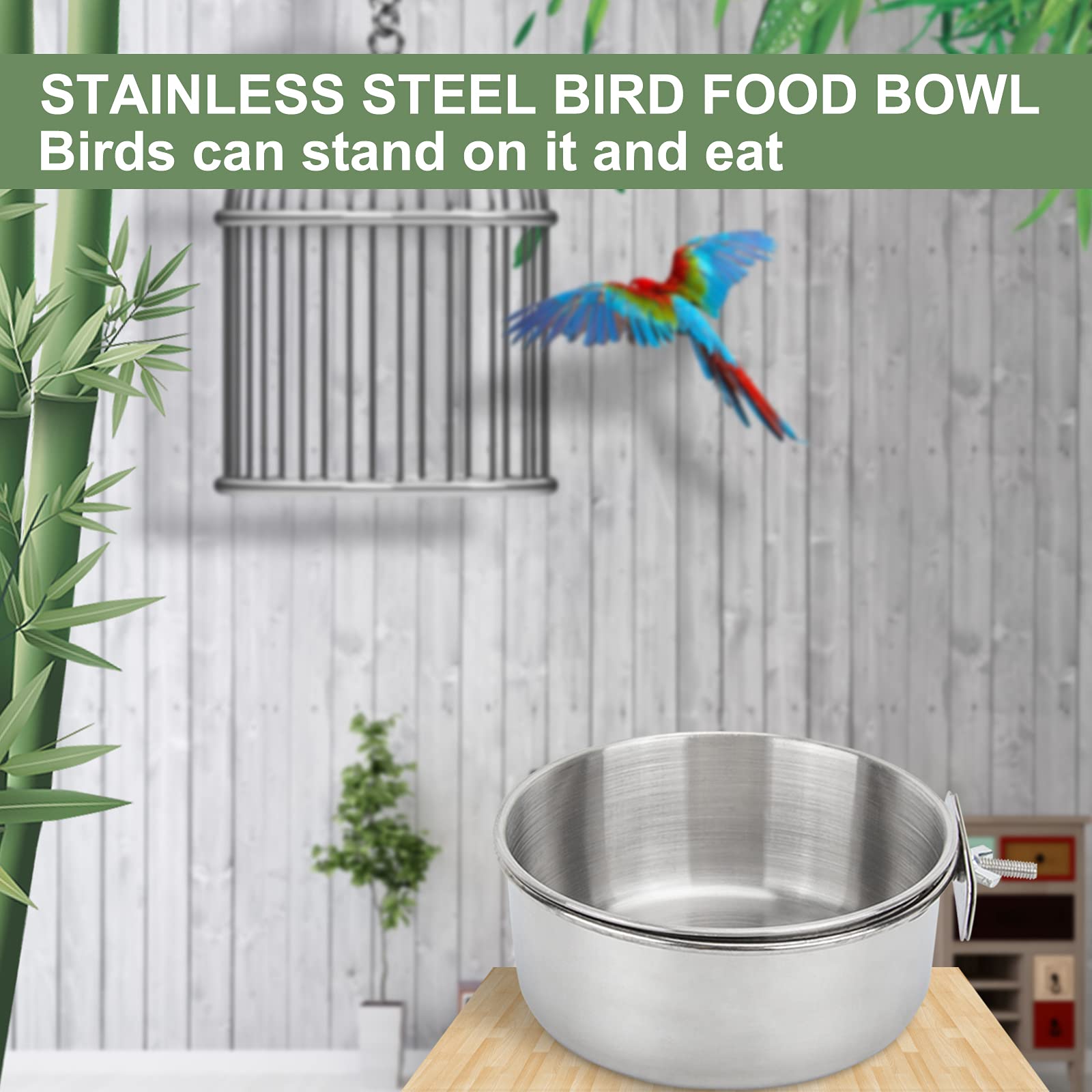 3 Pack Stainless Steel Bird Feeding Dish Cups with Clamp Holder - Parrot Food Bowl & Water Feeder for Cockatiel, Conure, Budgies, Parakeet, Macaw, Finches, Lovebirds - Perfect for Birdcage, Coop & Small Animal Cages