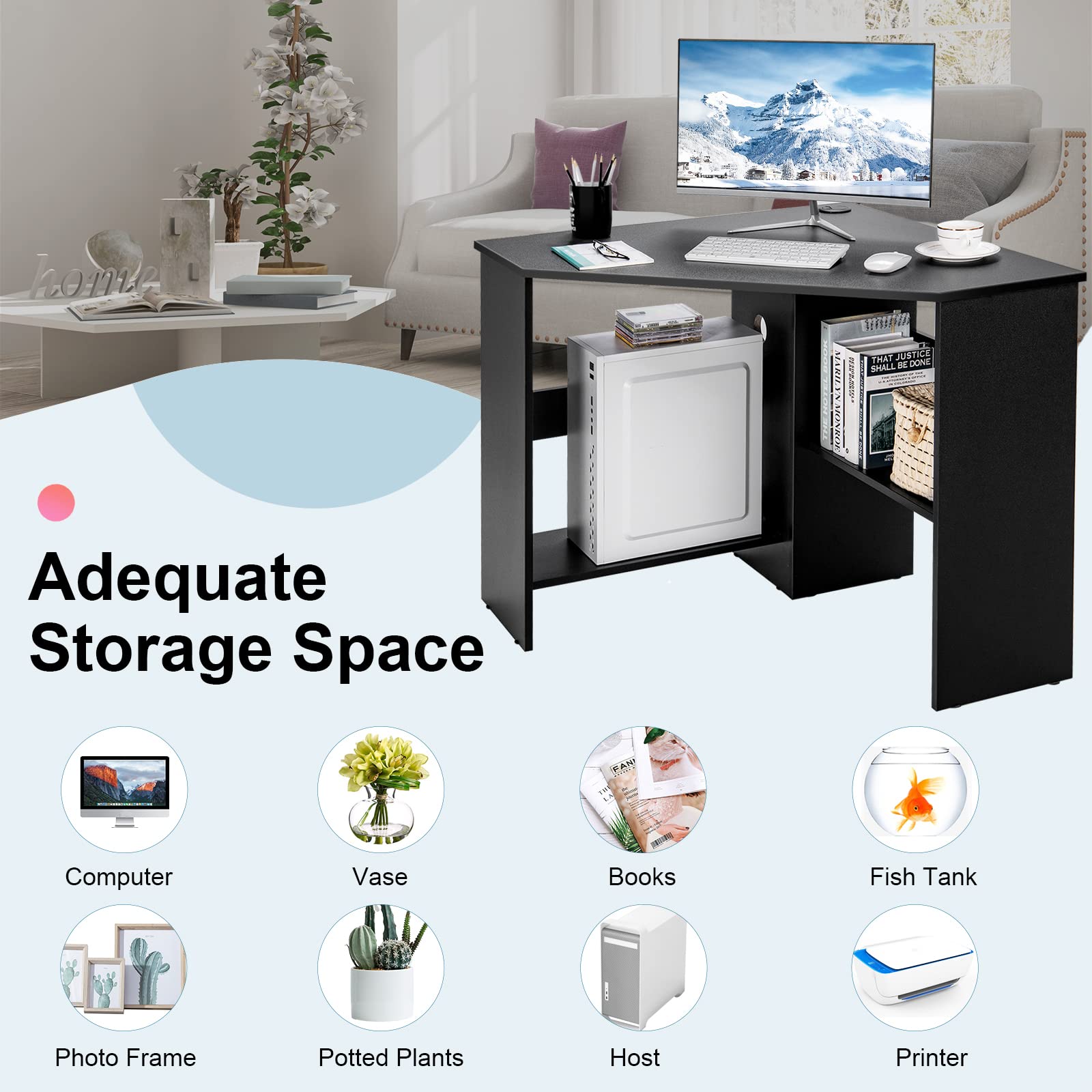 JV10265DK Corner Desk for Home Office, Black - Space-Saving L-Shaped Computer Desk for Small Spaces, Gaming & Workstation Setup