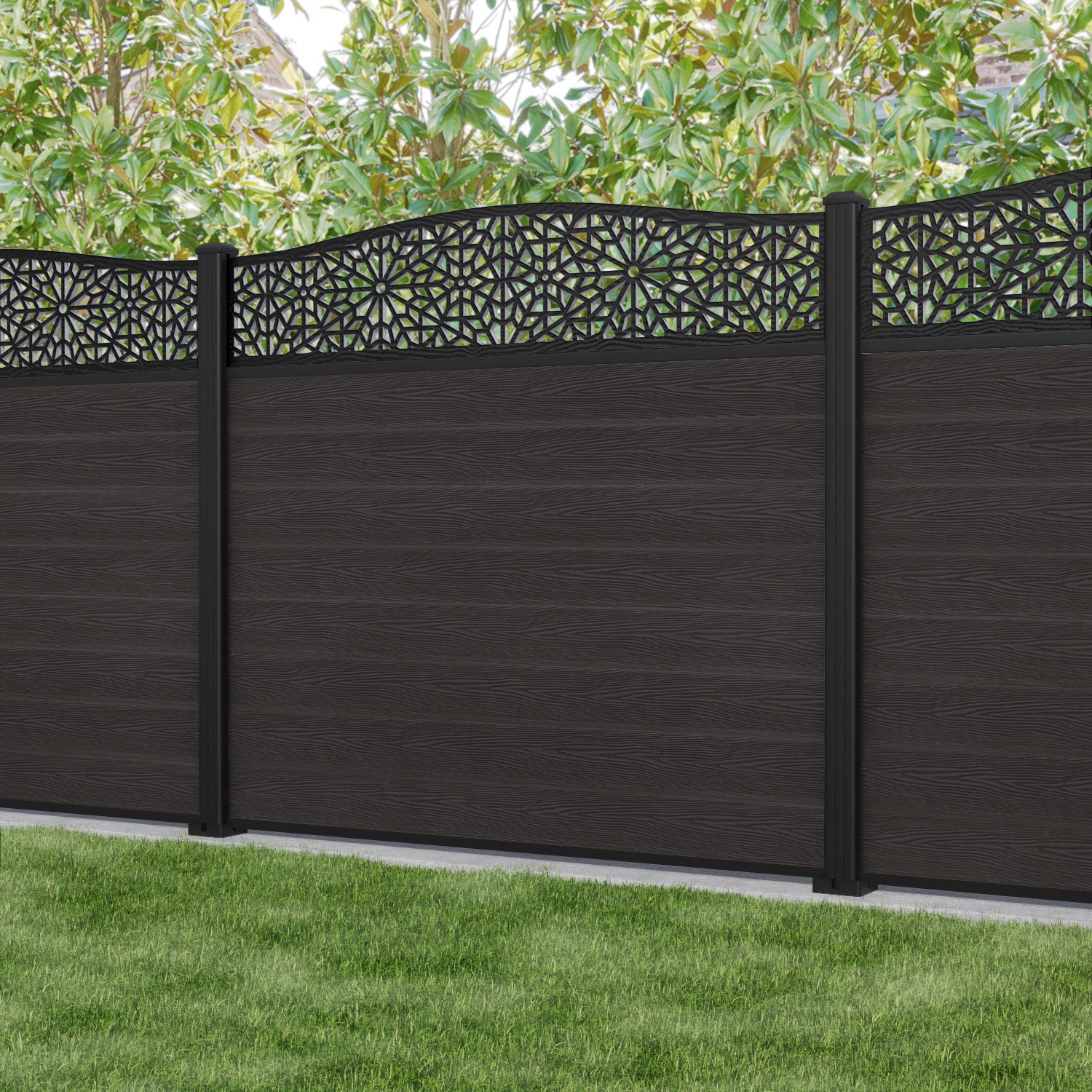 Classic Alnara Curved Top Fence Panel - Dark Oak Wood Privacy Fencing with Aluminum Posts | Outdoor Garden, Yard, and Patio Decoration