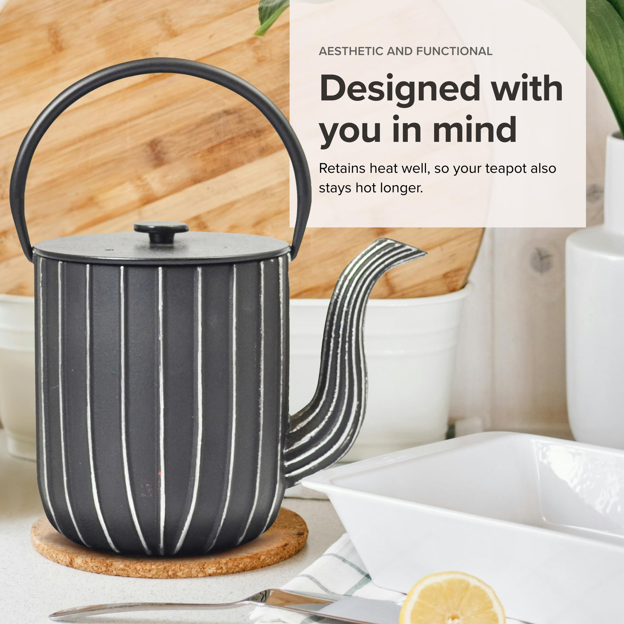 Frieling Ja by Mariage Cast Iron Teapot with Stainless Steel Infuser & Trivet - 34oz Black/Silver Stovetop Tea Kettle - Perfect for Home Brewing, Tea Parties & Gift Giving