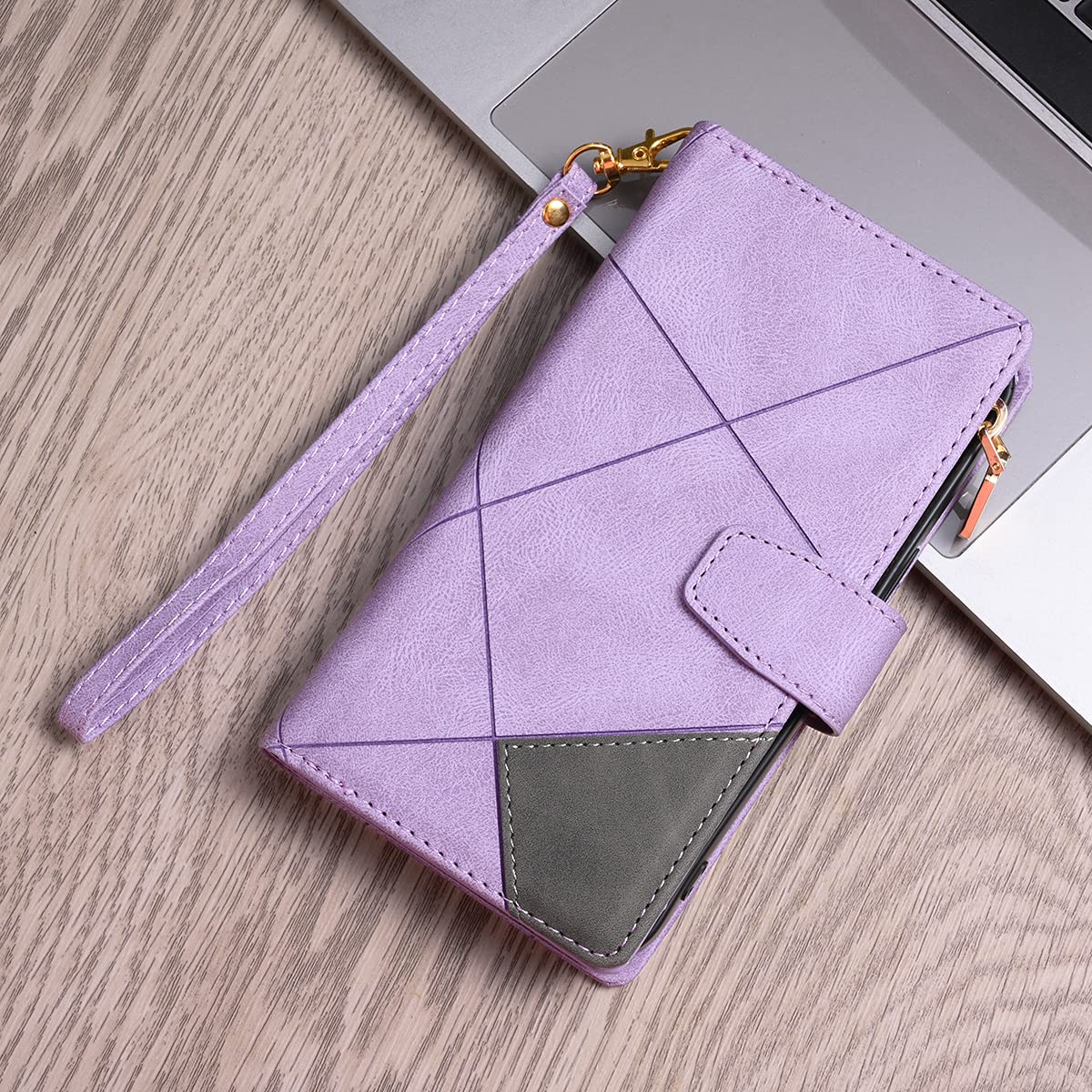 Premium Leather Wallet Case for Samsung Galaxy S22 Ultra - 9 Card Slots & Zipper Pocket with Handbag Wristlet, Flip Cover (Purple) - Perfect for Business, Travel & Everyday Protection