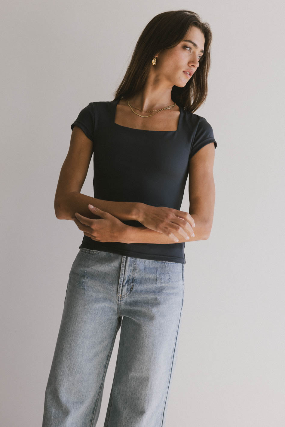 Navy Blue Square Neck Top for Women - Elegant & Comfortable Blouse for Casual Outings, Office Wear & Date Nights