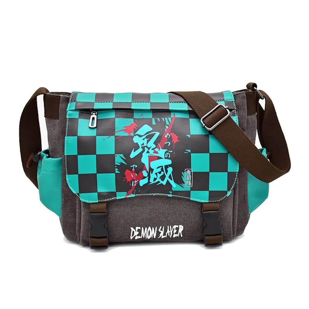 Japanese Anime Messenger Bag for Men - Tanjiro & Nezuko Themed Canvas Shoulder Bag, School Book Bag with 13