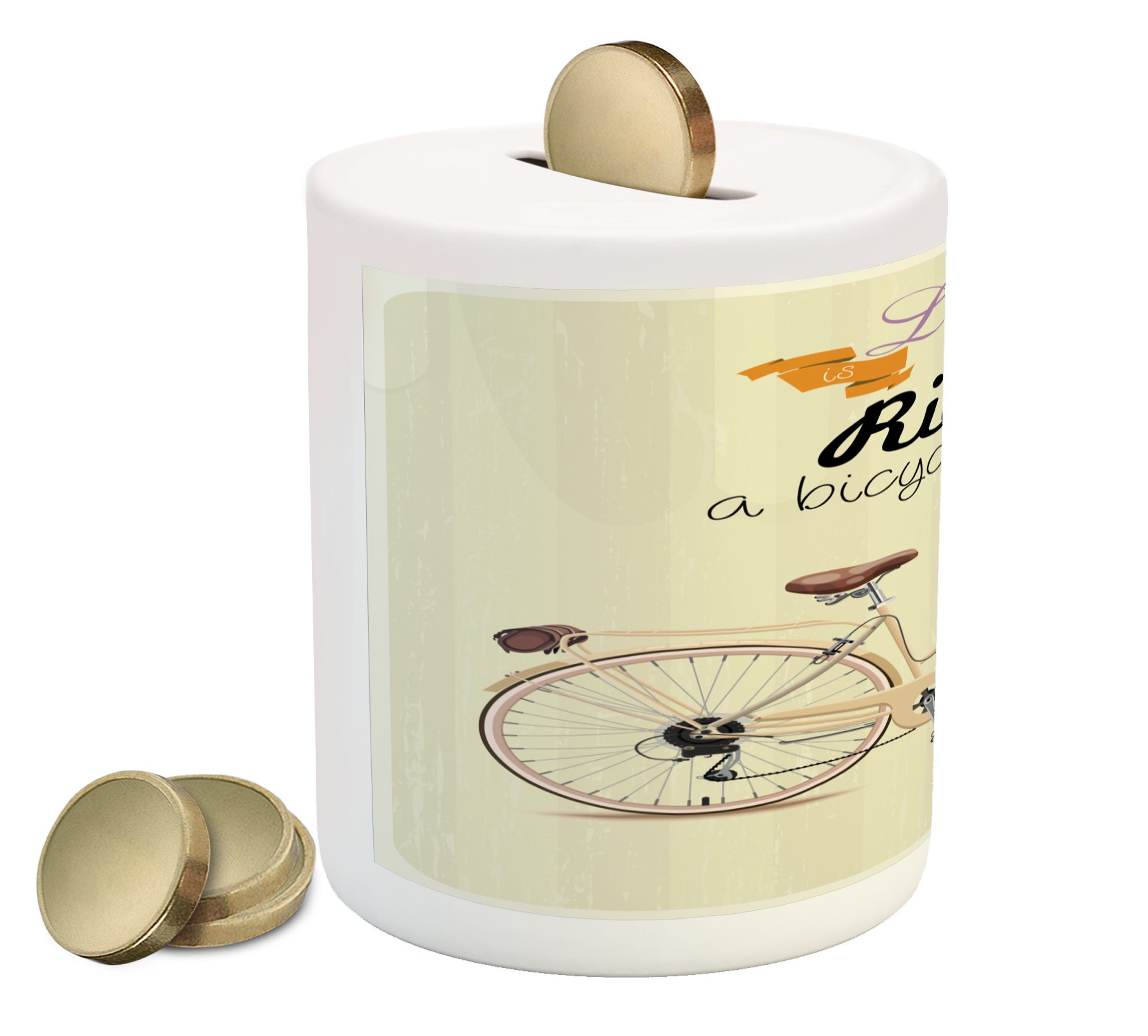 Lunarable Ceramic Bicycle Piggy Bank - Boho Pop Art Antique Bike Design with Lavender Bouquet Basket, Money Saving Coin Box for Cash & Coin Collection | Perfect Gift for Cyclists, Home Decor & Office Savings (Beige Lilac)