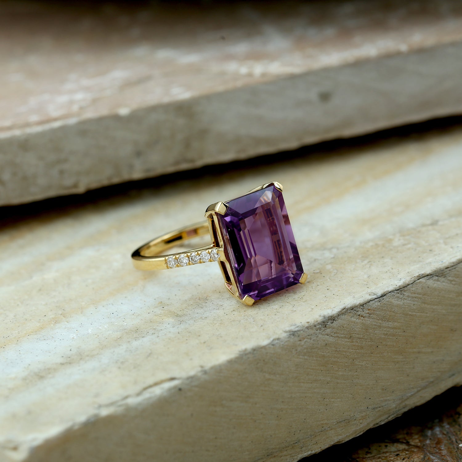 Emerald Cut Amethyst Solitaire Ring with Diamond Accents in 18K Yellow Gold | Elegant Engagement, Anniversary & Special Occasion Jewelry Gift