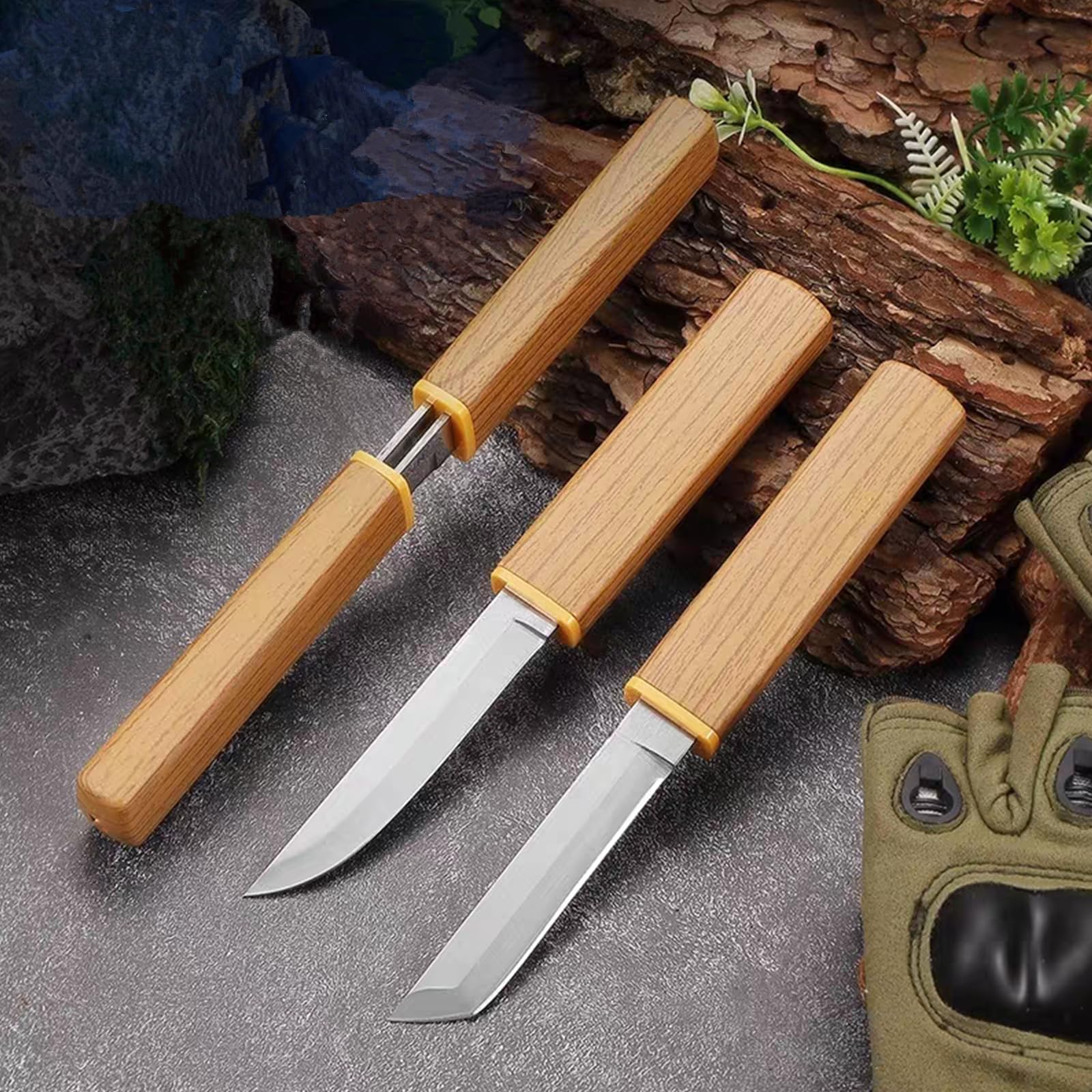 Ultra Sharp Stainless Steel Paring Knife Set - Portable Straight & Curved Fruit & Vegetable Peeling Knives for Kitchen, Camping, Outdoor Use (Brown)