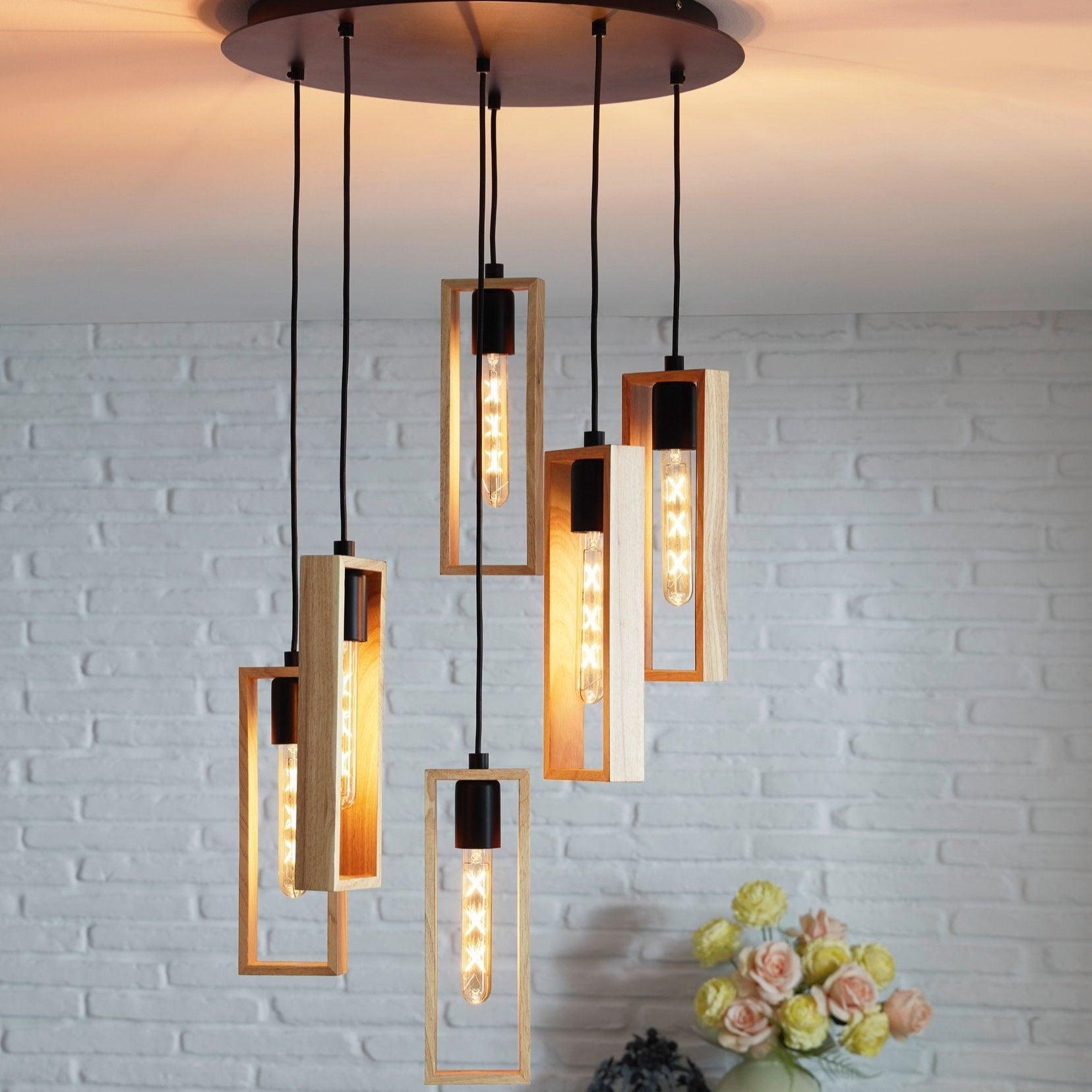 Eglo Littleton 6-Light Black & Rubberwood Ceiling Pendant - Modern Farmhouse Lighting Fixture for Dining Room, Kitchen Island or Living Room